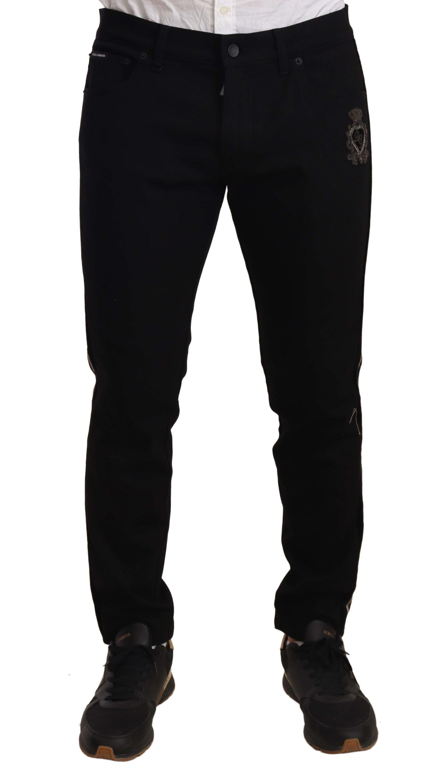 Dolce & Gabbana – Slim Fit-Jeans in Schwarz mit heraldischer Stickerei