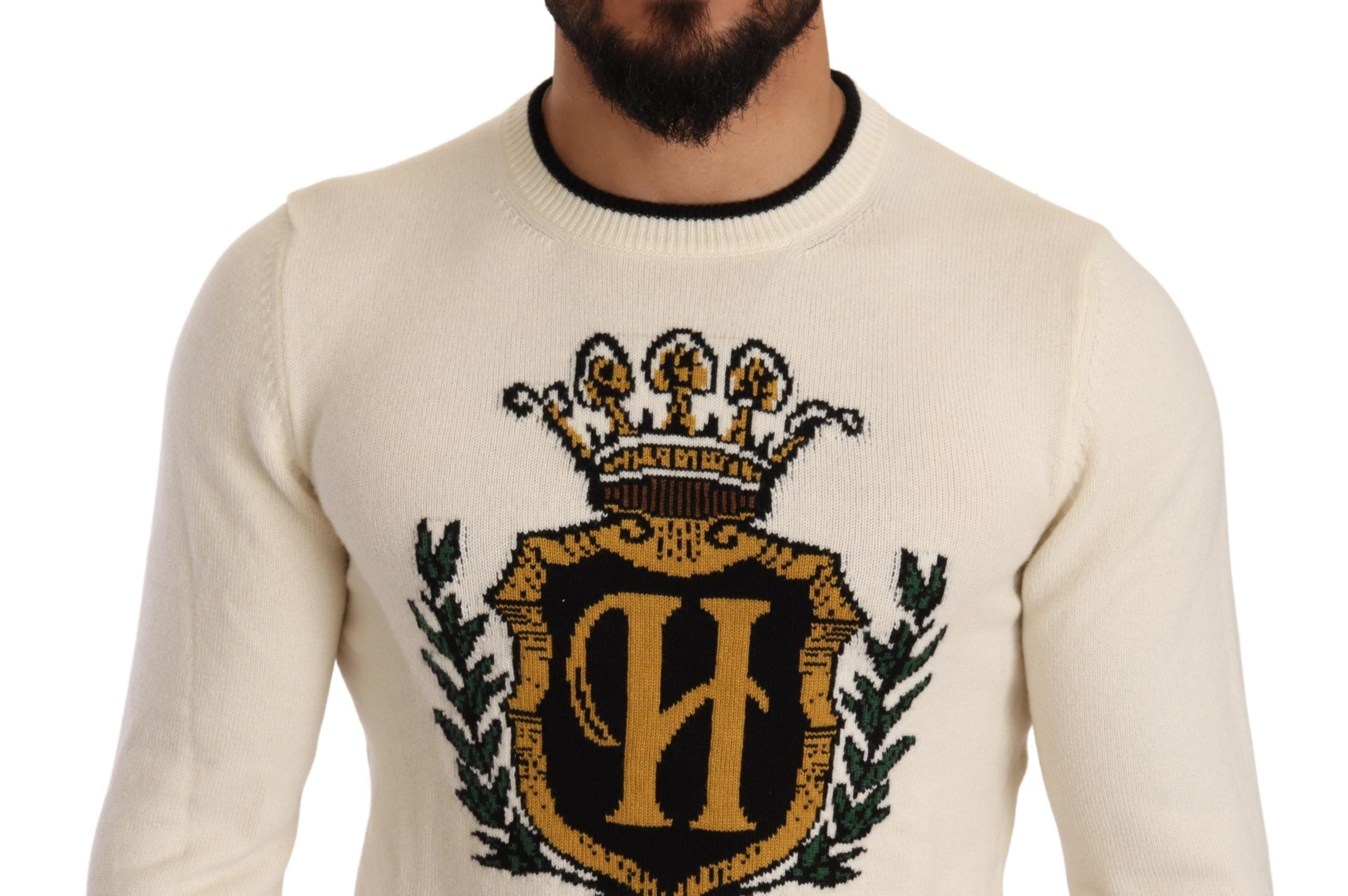 Dolce & Gabbana Eleganter schneeweißer heraldischer Kaschmirpullover