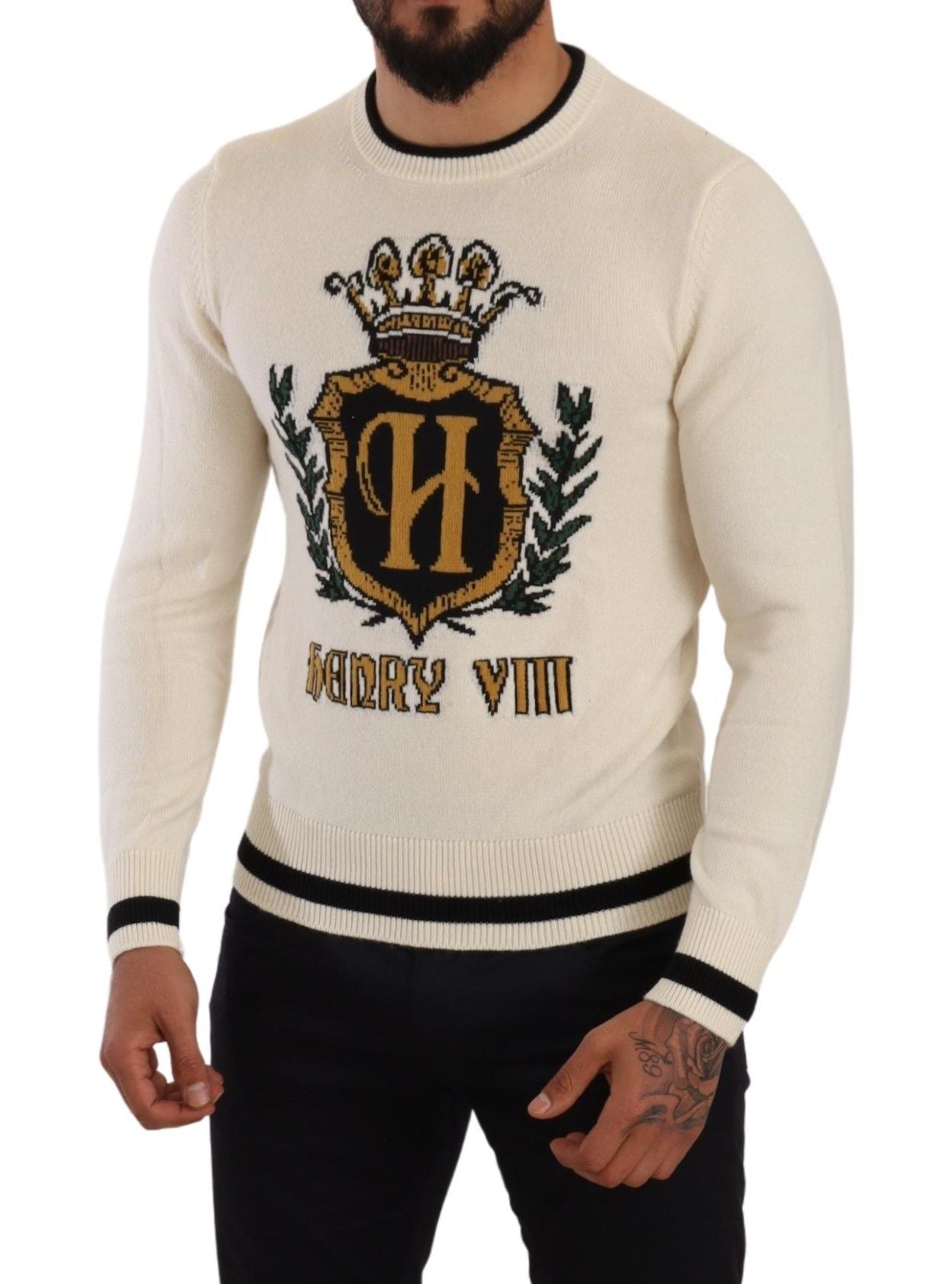 Dolce & Gabbana Eleganter schneeweißer heraldischer Kaschmirpullover