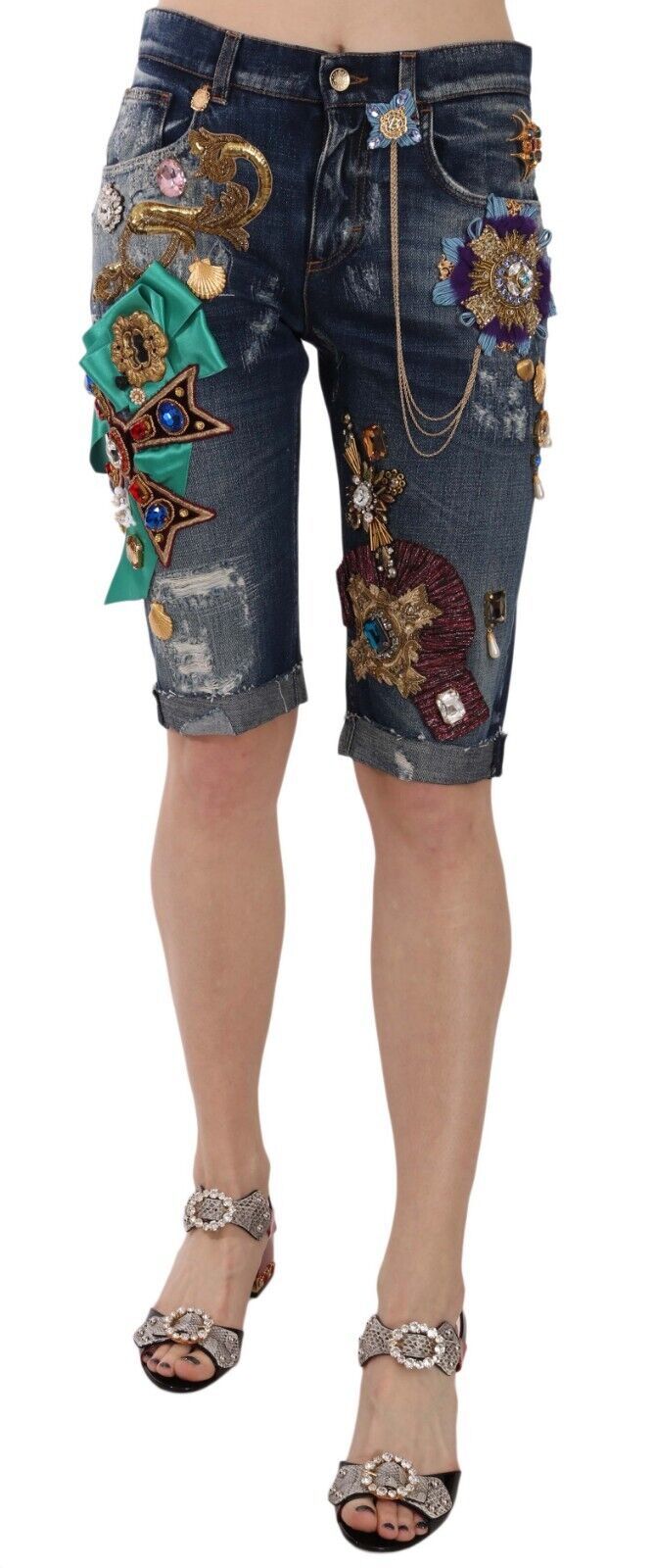 Dolce & Gabbana Elegante knielange, verzierte Jeansshorts