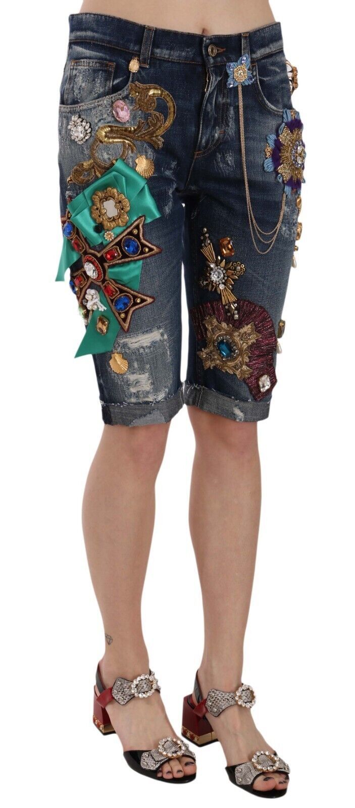 Dolce & Gabbana Elegante knielange, verzierte Jeansshorts