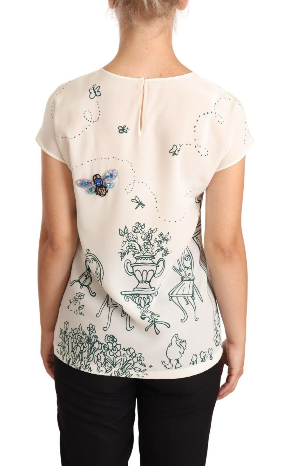 Dolce & Gabbana Elegantes Seiden-T-Shirt mit botanischem Garten und Brunnen