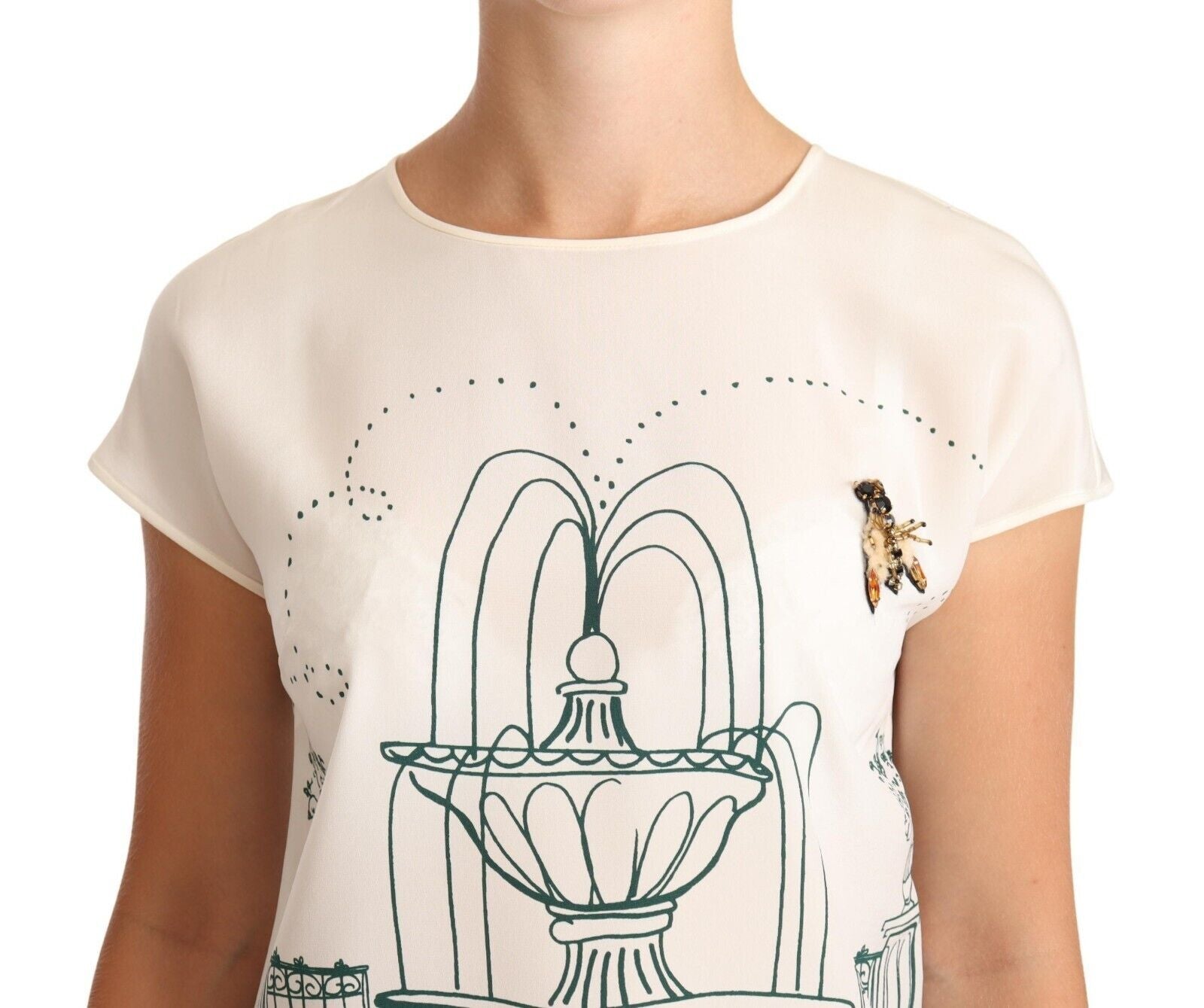 Dolce & Gabbana Elegantes Seiden-T-Shirt mit botanischem Garten und Brunnen