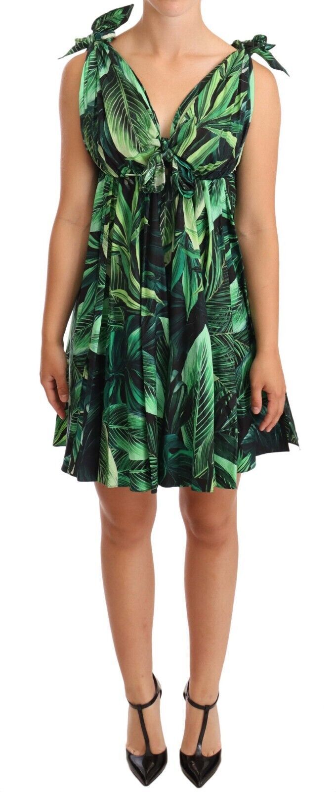 Rochie mini elegantă Dolce & Gabbana, evazată, în linie A, cu imprimeu cu frunze verzi