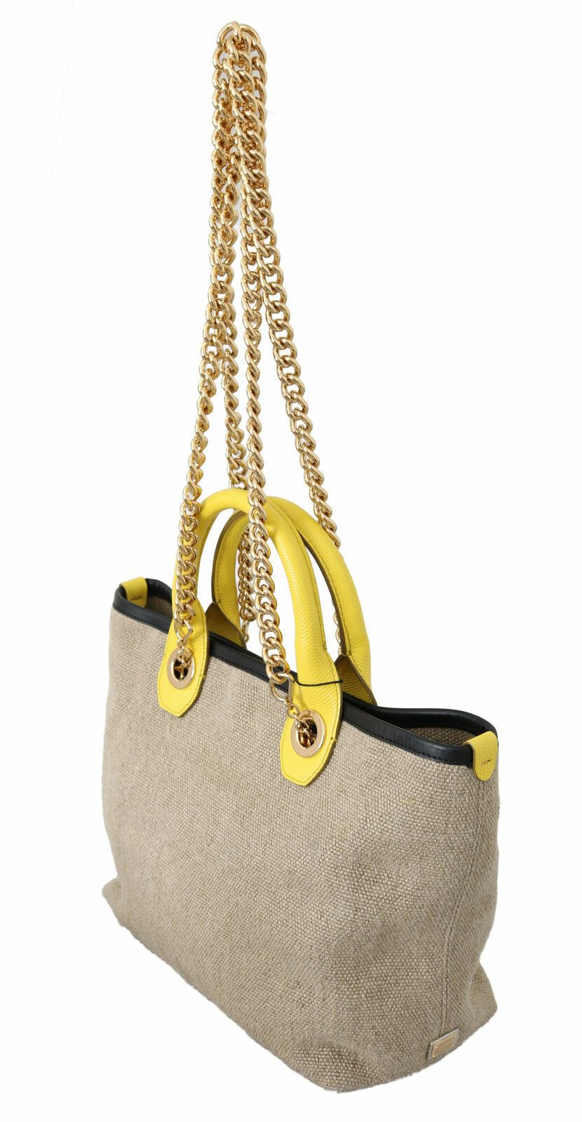 Dolce & Gabbana Geantă tote bej din in și vițel cu lanț auriu
