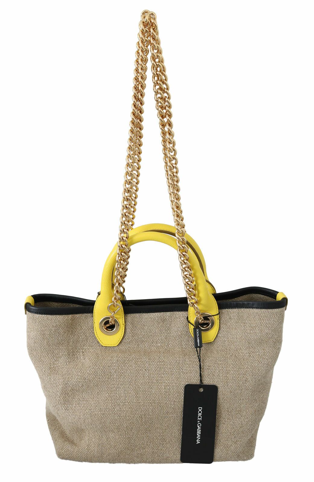 Dolce & Gabbana Geantă tote bej din in și vițel cu lanț auriu