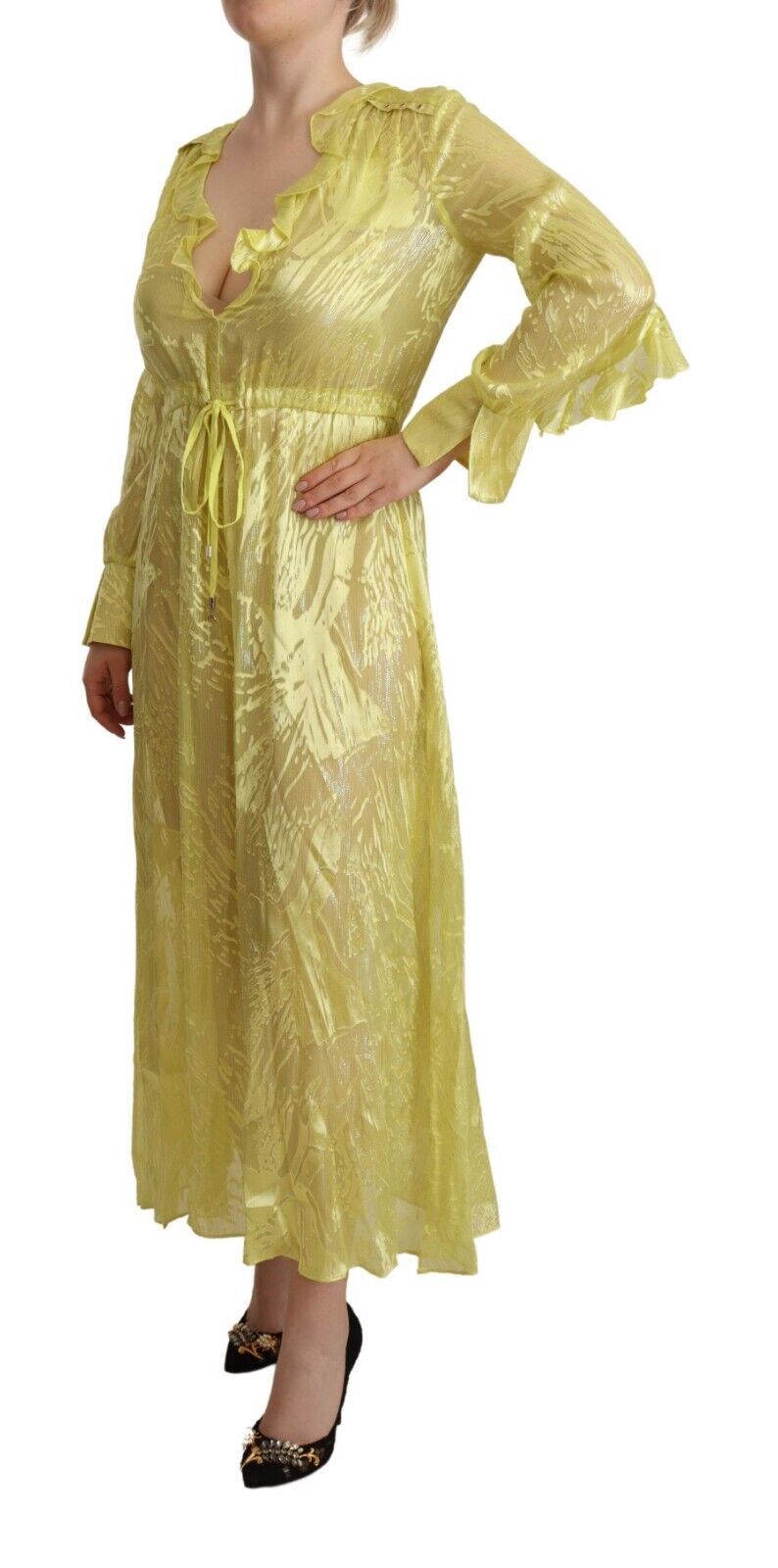 Patrizia Pepe Sunshine Maxikleid aus Seidenmischung – Lange Ärmel und tiefer Ausschnitt
