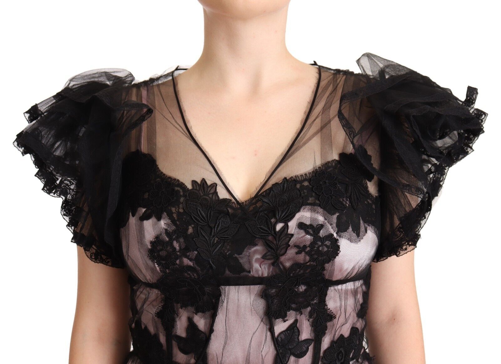 Rochie midi Dolce & Gabbana Chic neagră cu imprimeu floral din dantelă