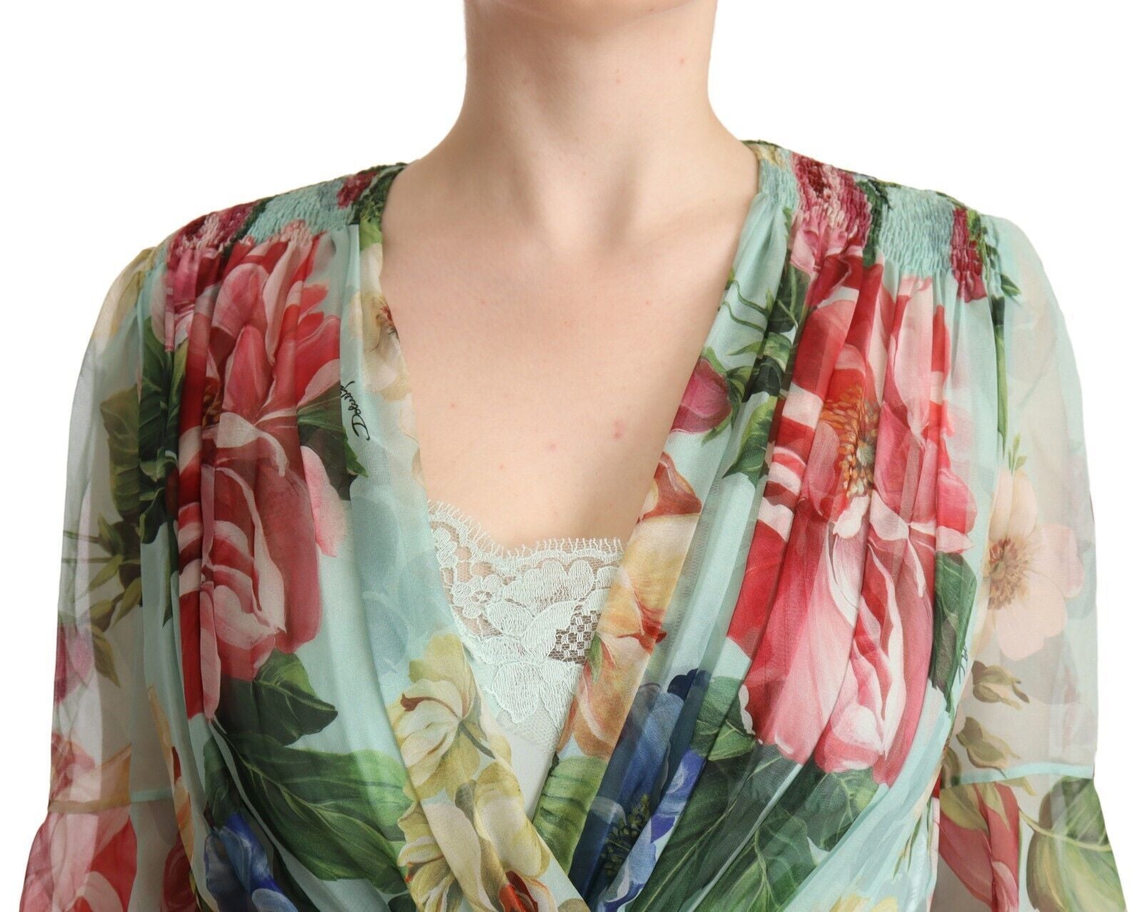 Rochie midi elegantă din mătase verde cu imprimeu floral Dolce & Gabbana