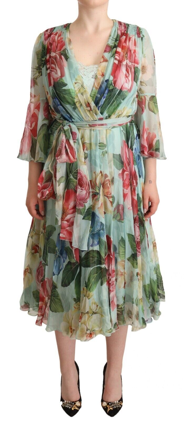 Rochie midi elegantă din mătase verde cu imprimeu floral Dolce & Gabbana