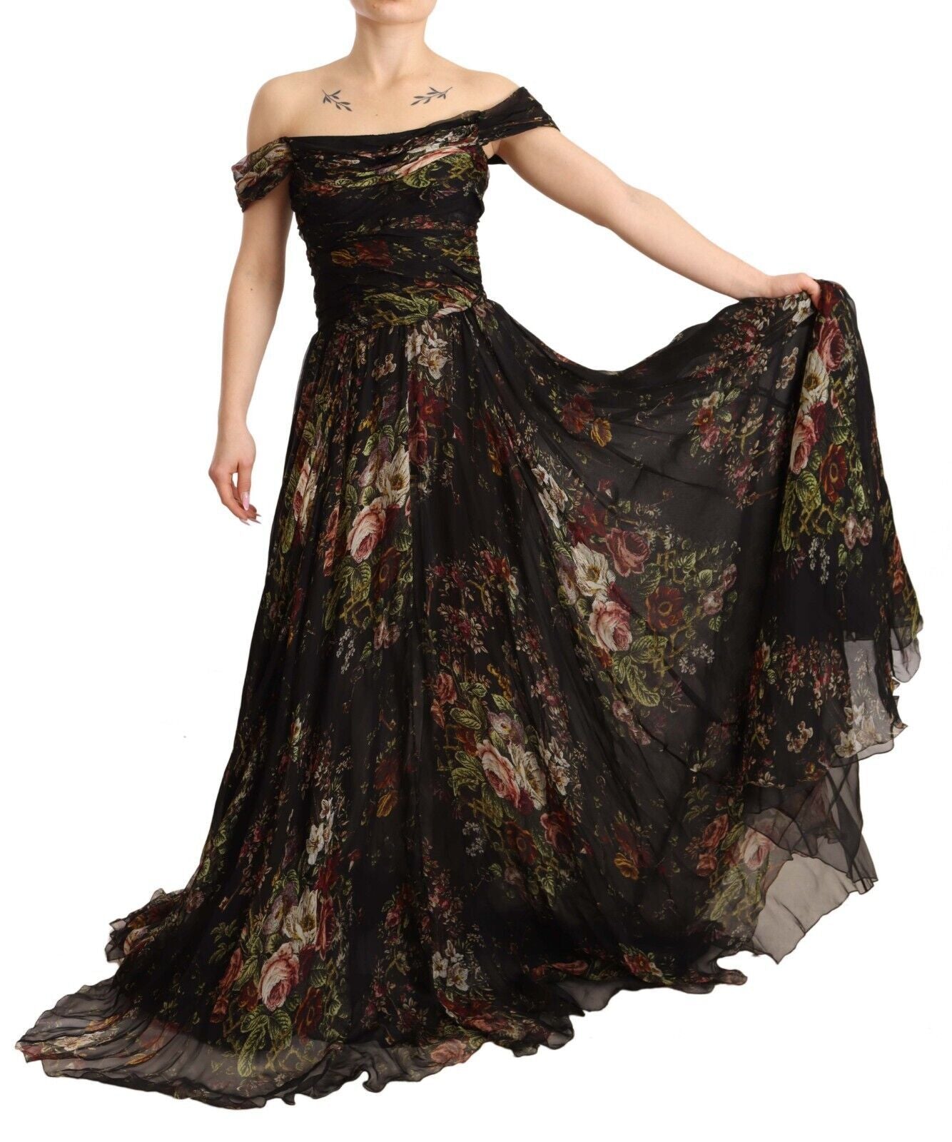 Dolce & Gabbana – Langes, schulterfreies Seidenkleid mit Blumenmuster