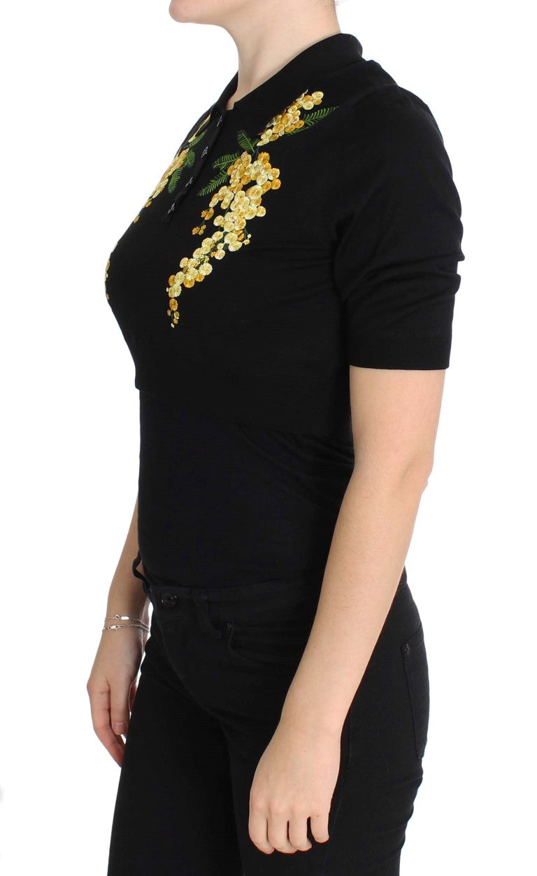 Dolce & Gabbana Elegantes schwarzes Poloshirt aus Seide mit Blumenmuster