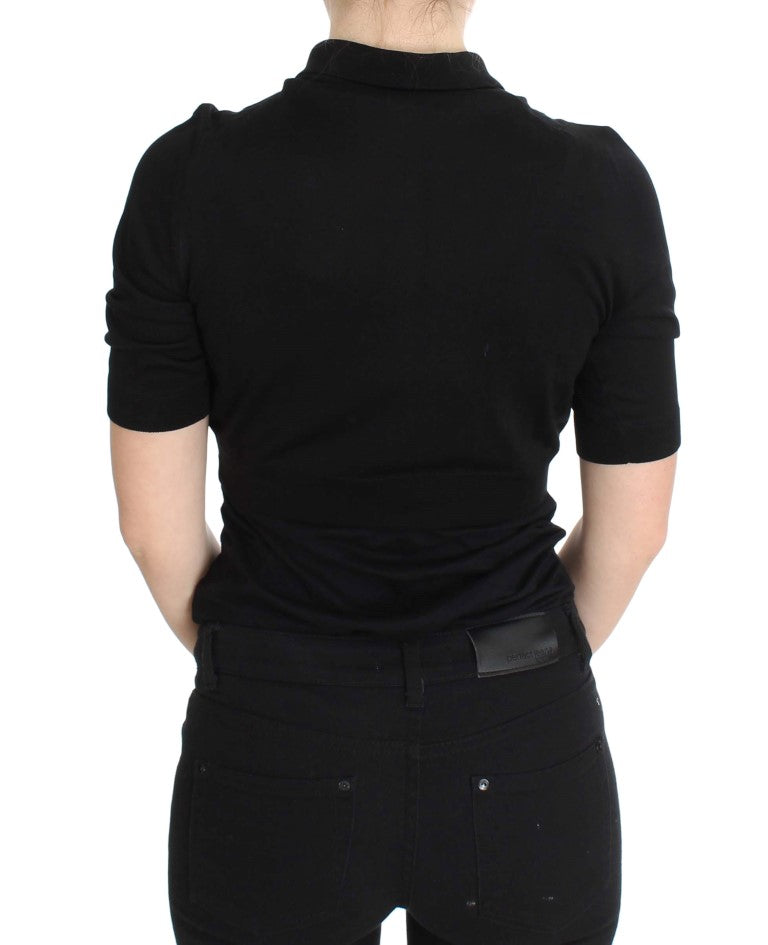 Dolce & Gabbana Elegantes schwarzes Poloshirt aus Seide mit Blumenmuster