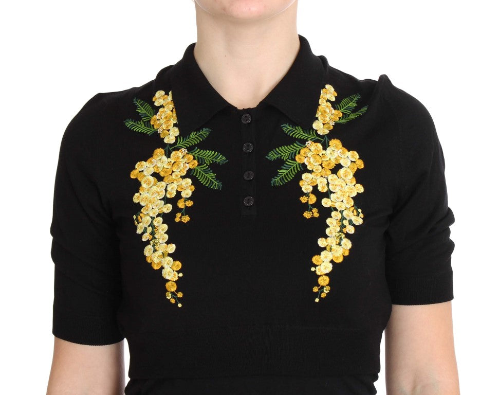 Dolce & Gabbana Elegantes schwarzes Poloshirt aus Seide mit Blumenmuster