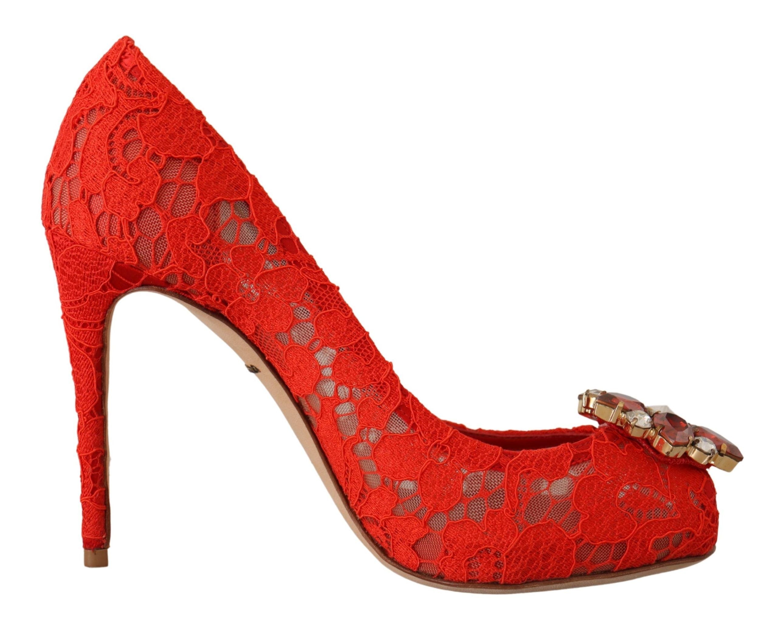 Pantofi cu toc și dantelă Dolce & Gabbana Taormina roșii cu cristale