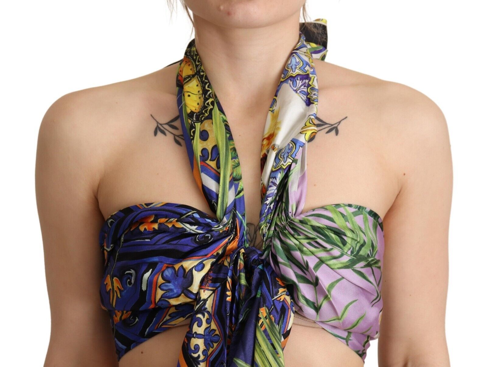 Dolce & Gabbana – Üppiges Neckholder-Crop-Top aus Seide – Mehrfarbig