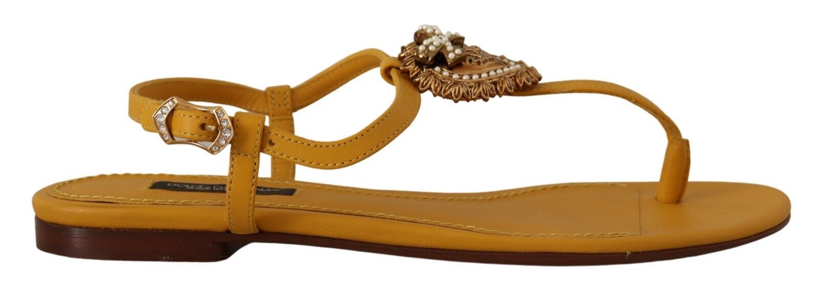 Dolce & Gabbana – Senfgelbe, flache Sandalen mit T-Riemen und Herzverzierung