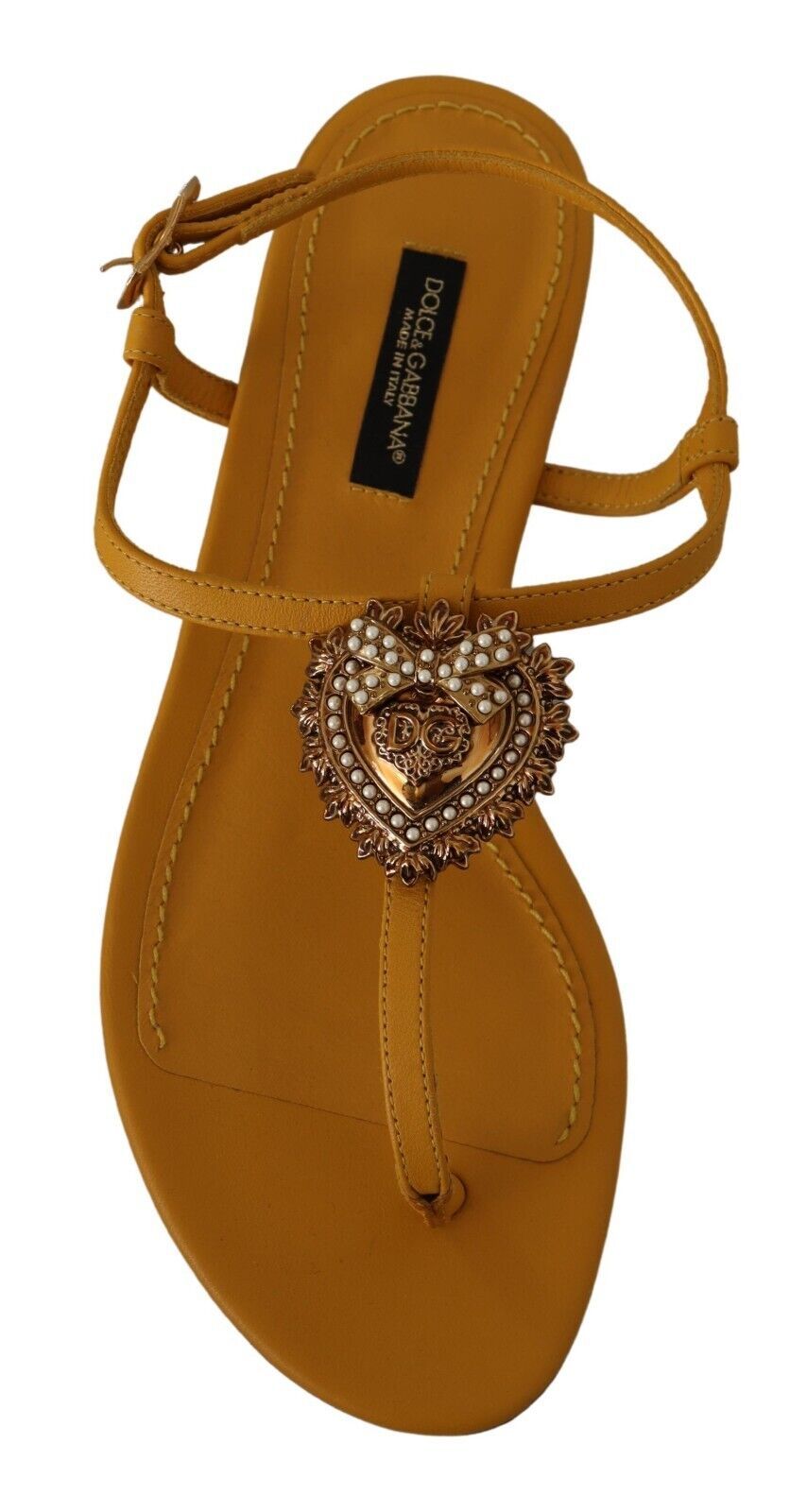 Dolce & Gabbana – Senfgelbe, flache Sandalen mit T-Riemen und Herzverzierung