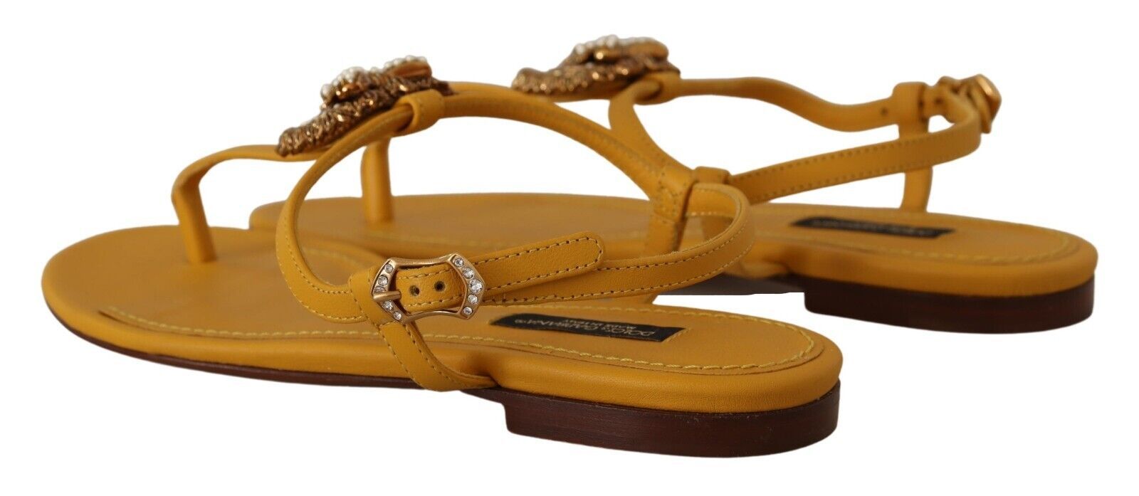 Dolce & Gabbana – Senfgelbe, flache Sandalen mit T-Riemen und Herzverzierung