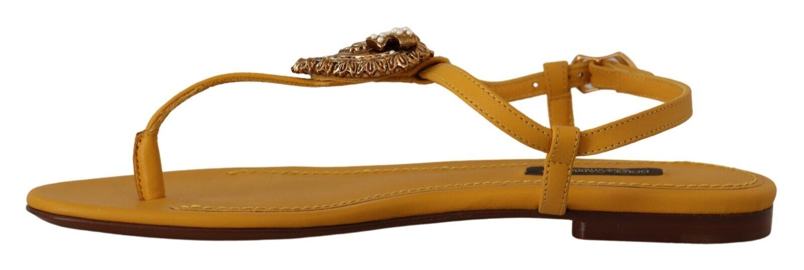 Dolce & Gabbana – Senfgelbe, flache Sandalen mit T-Riemen und Herzverzierung
