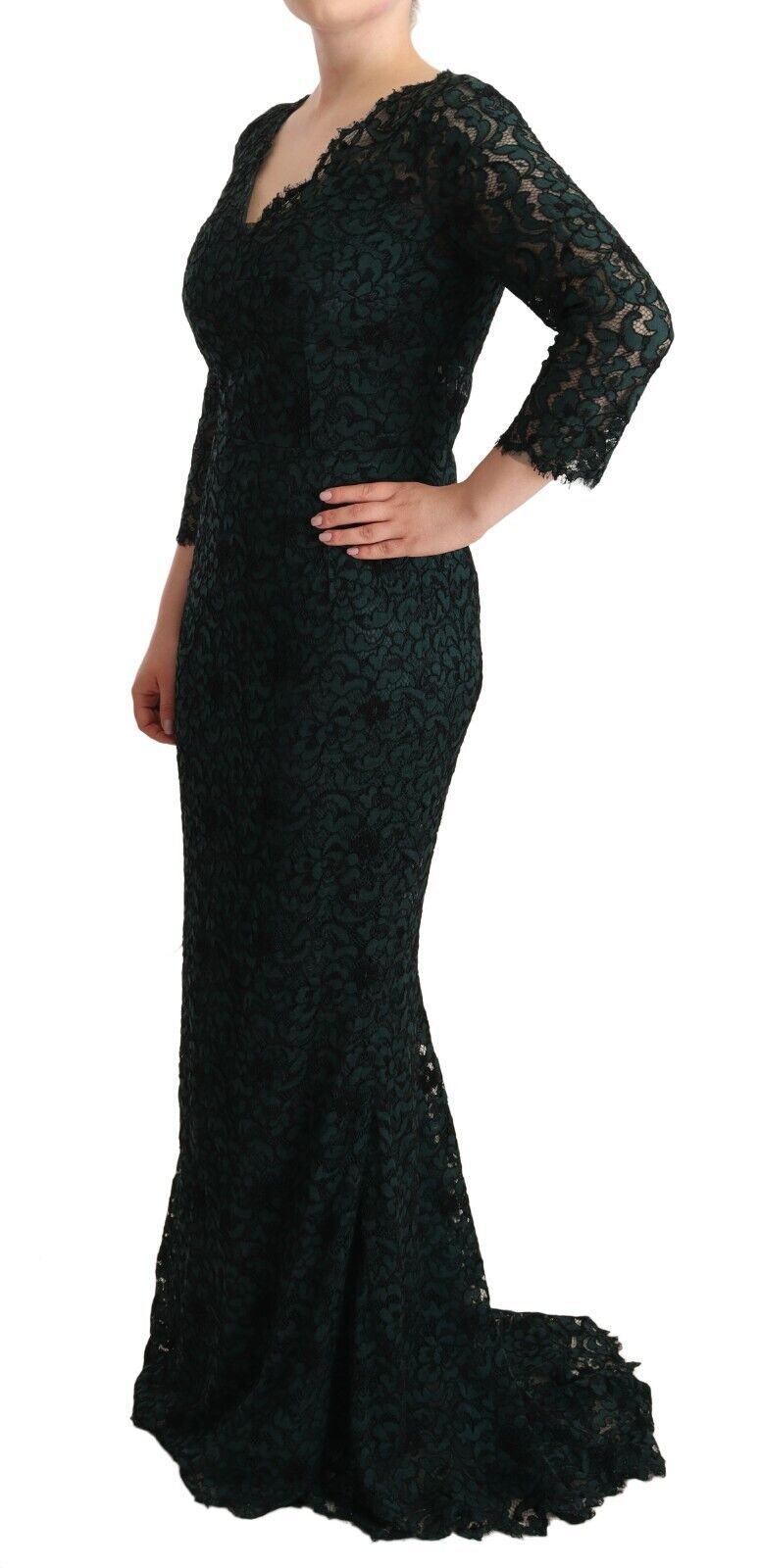Rochie elegantă până la podea cu decolteu în V, din dantelă, Dolce & Gabbana