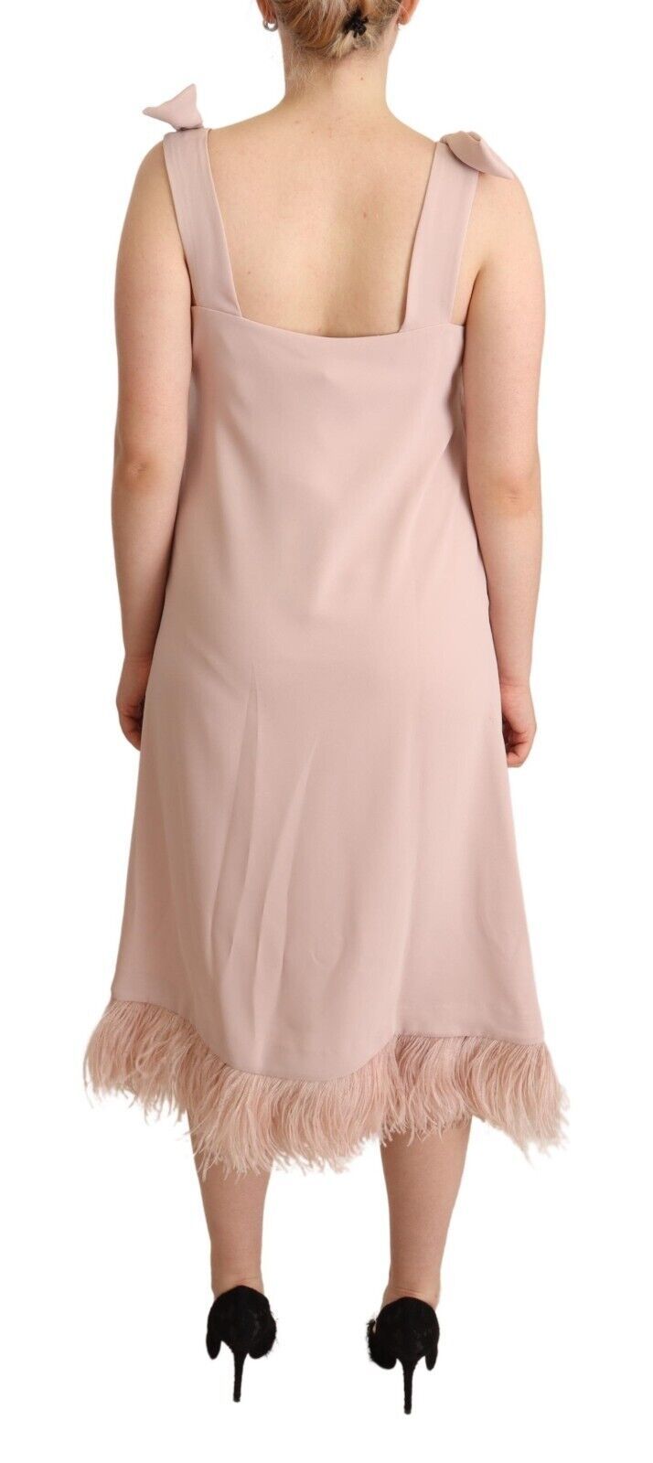 Rochie midi PAROSH Chic fără mâneci cu garnitură din pene