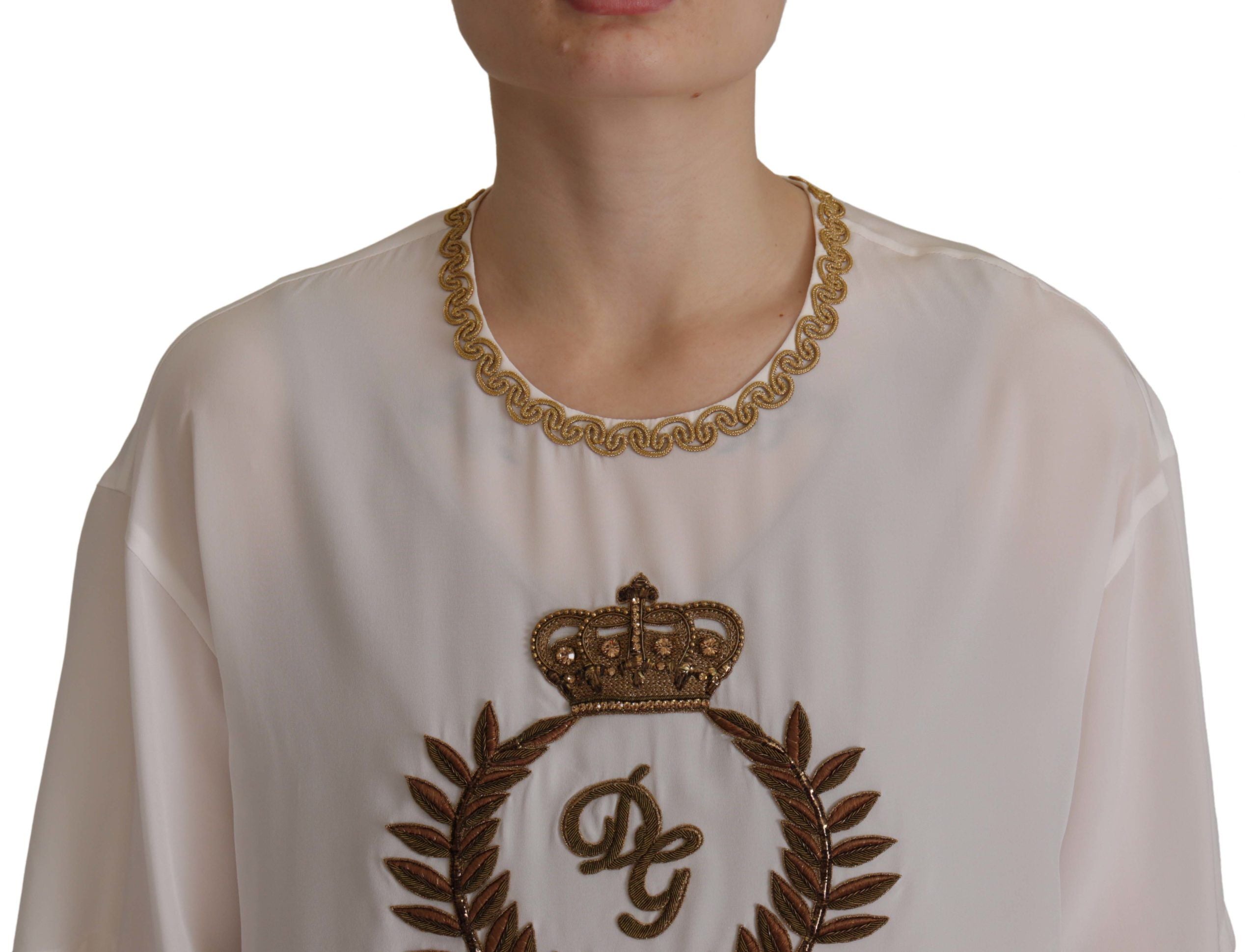 Bluză elegantă de mătase Dolce & Gabbana cu broderie coroană aurie