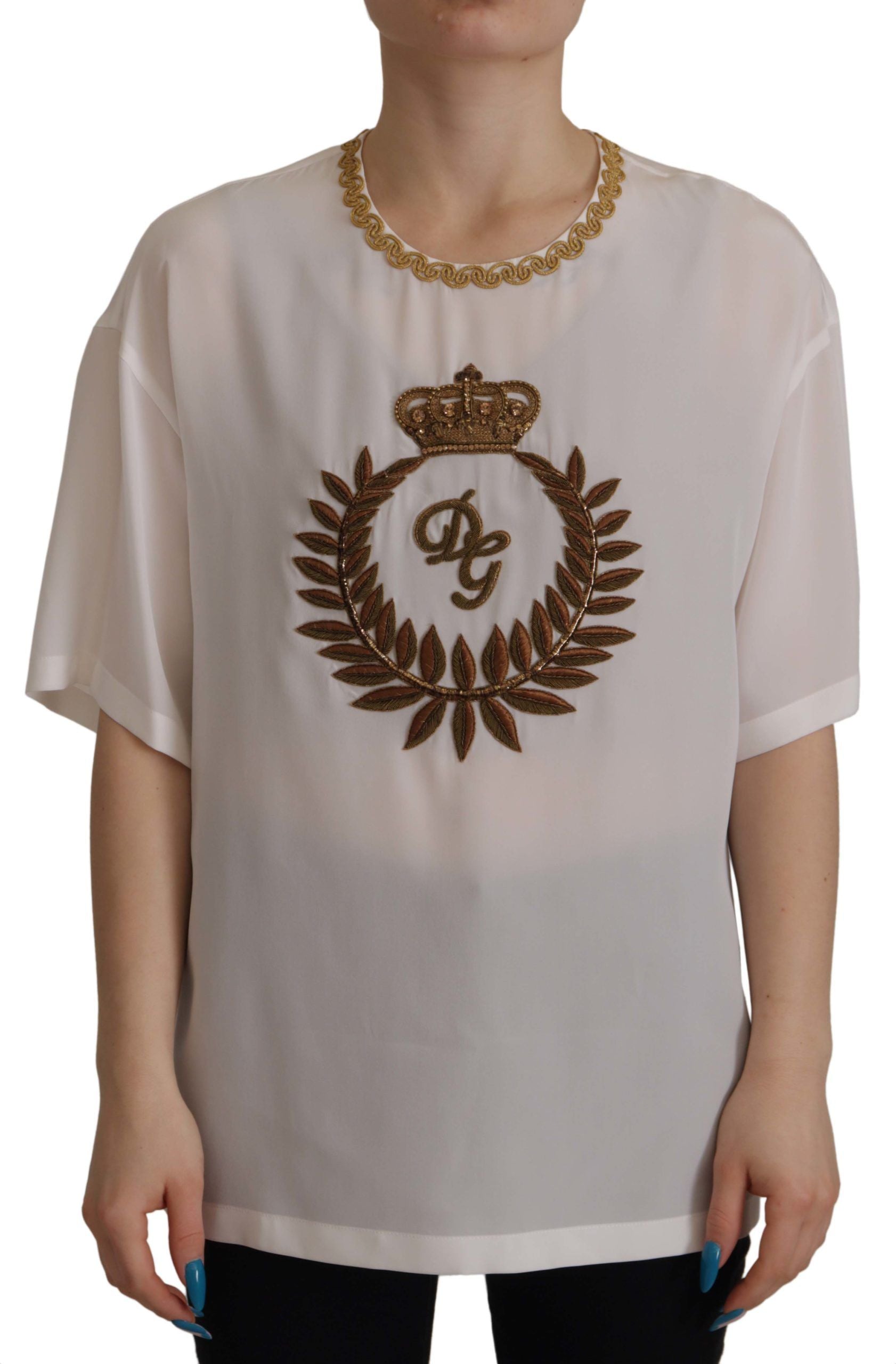 Bluză elegantă de mătase Dolce & Gabbana cu broderie coroană aurie