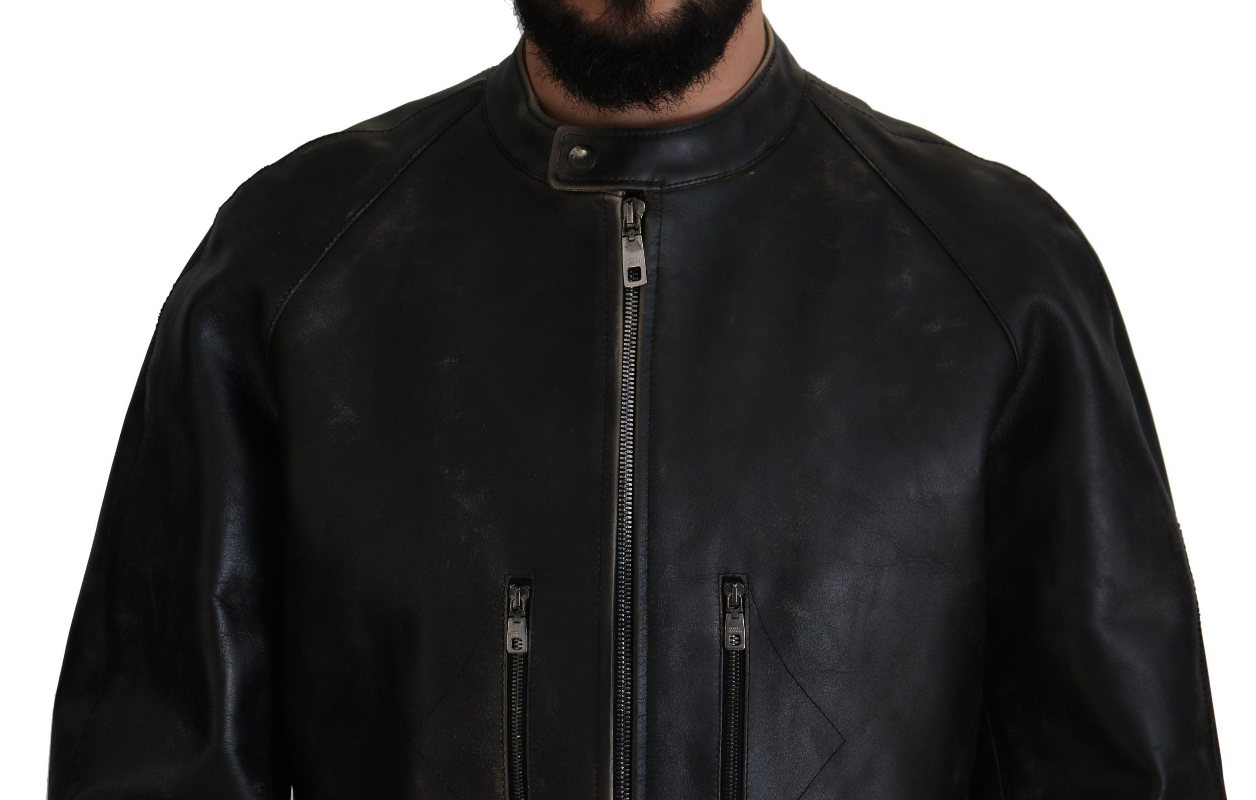 Dolce & Gabbana Elegante schwarze Lederjacke mit silbernen Details