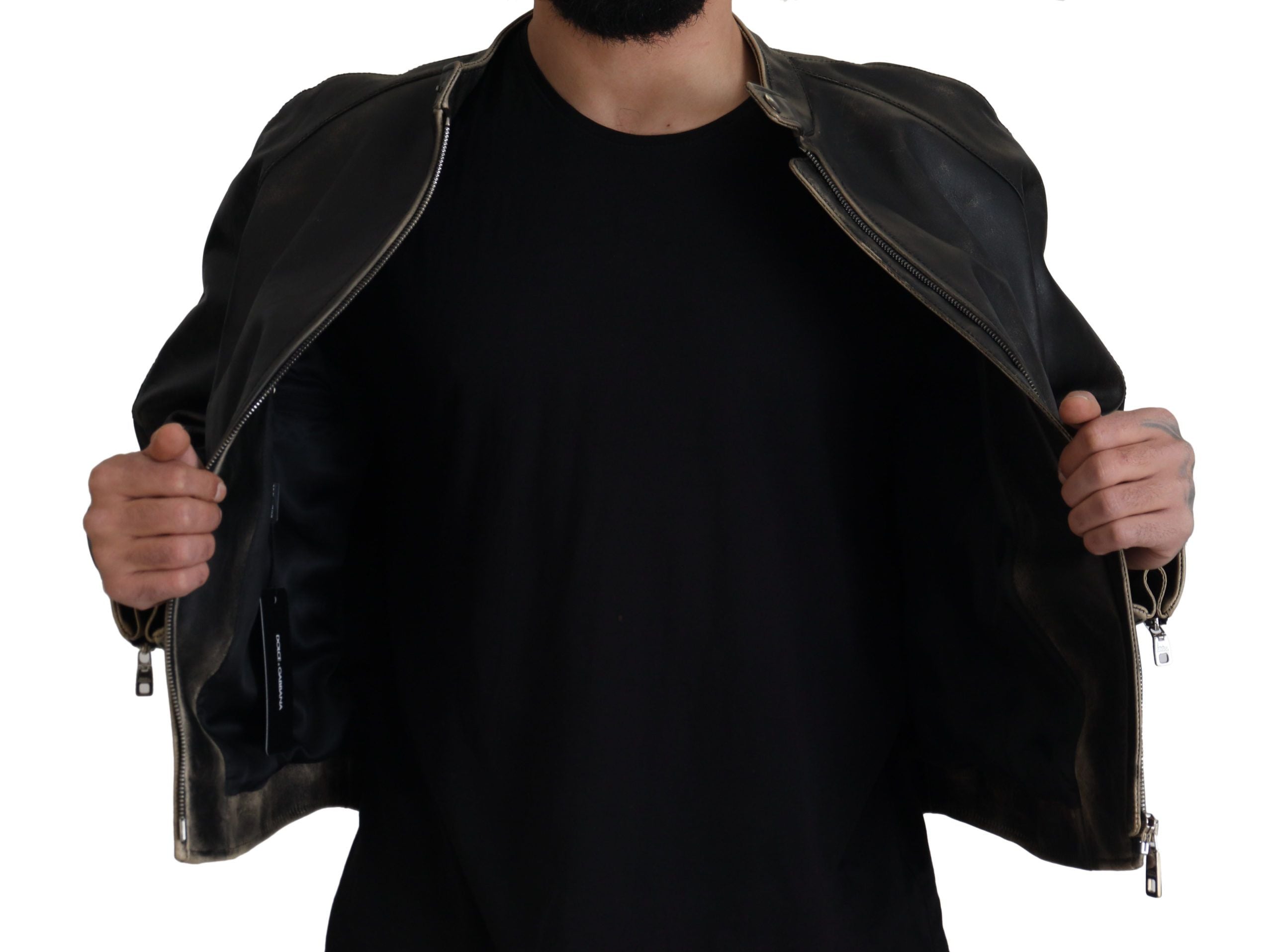Dolce & Gabbana Elegante schwarze Lederjacke mit silbernen Details