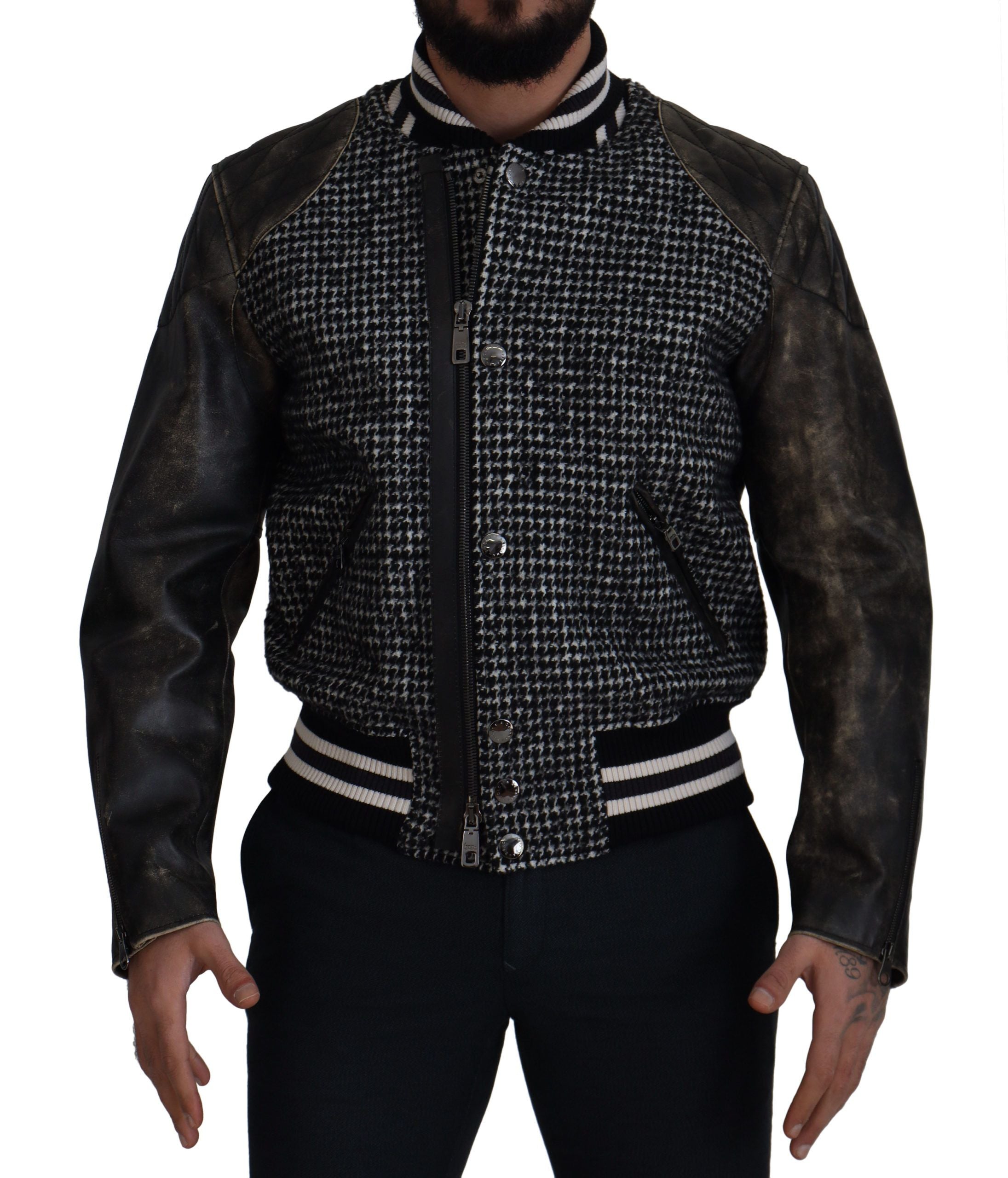 Dolce & Gabbana – Mehrfarbige Bomberjacke aus Leder mit Hahnentrittmuster