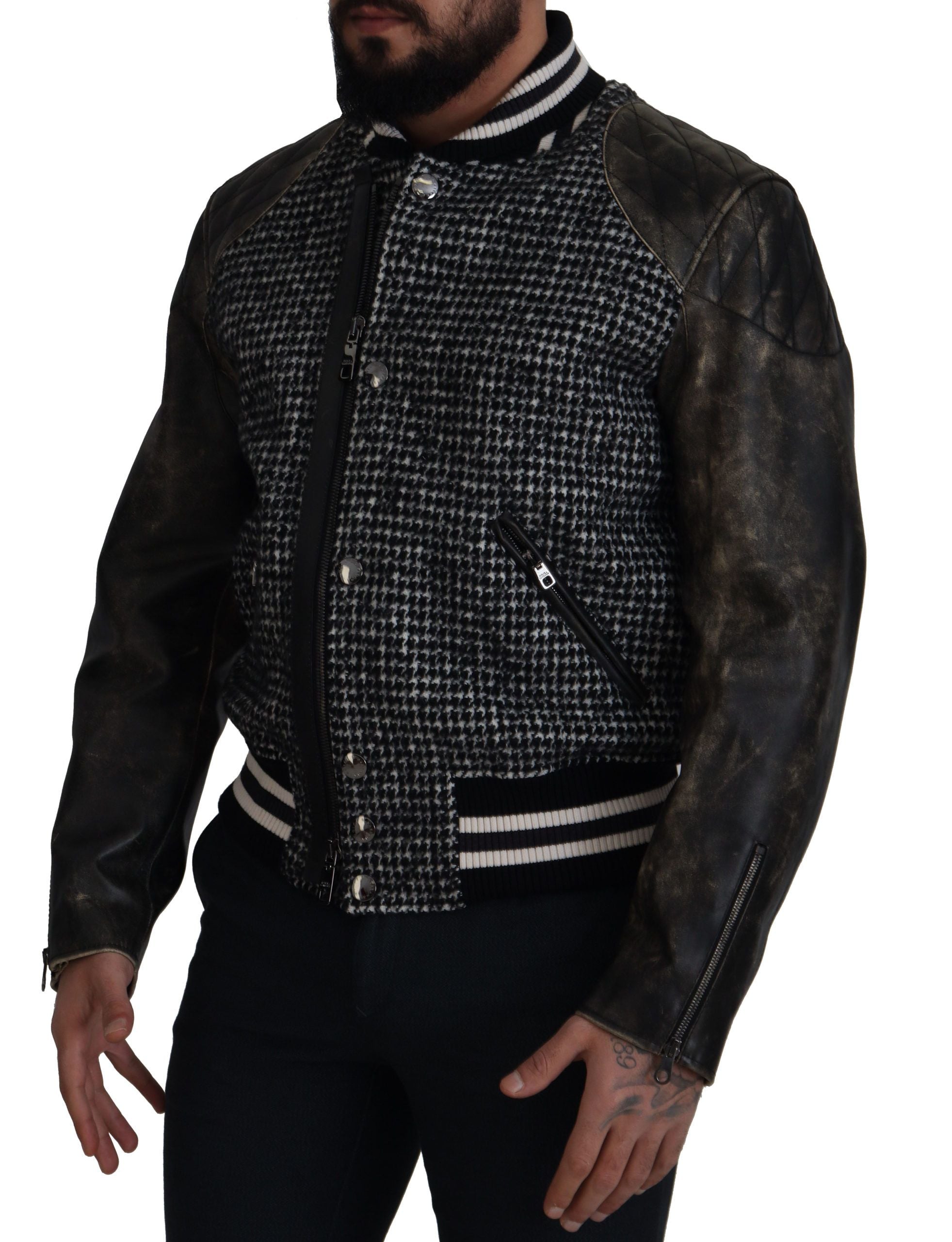 Dolce & Gabbana – Mehrfarbige Bomberjacke aus Leder mit Hahnentrittmuster