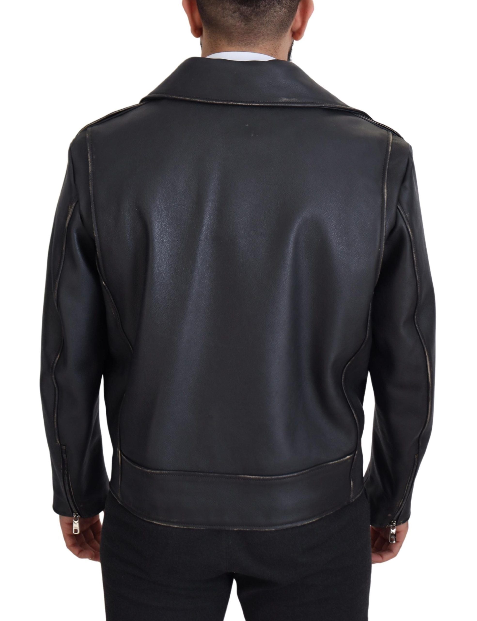 Jachetă elegantă din piele neagră, model motociclist, Dolce & Gabbana