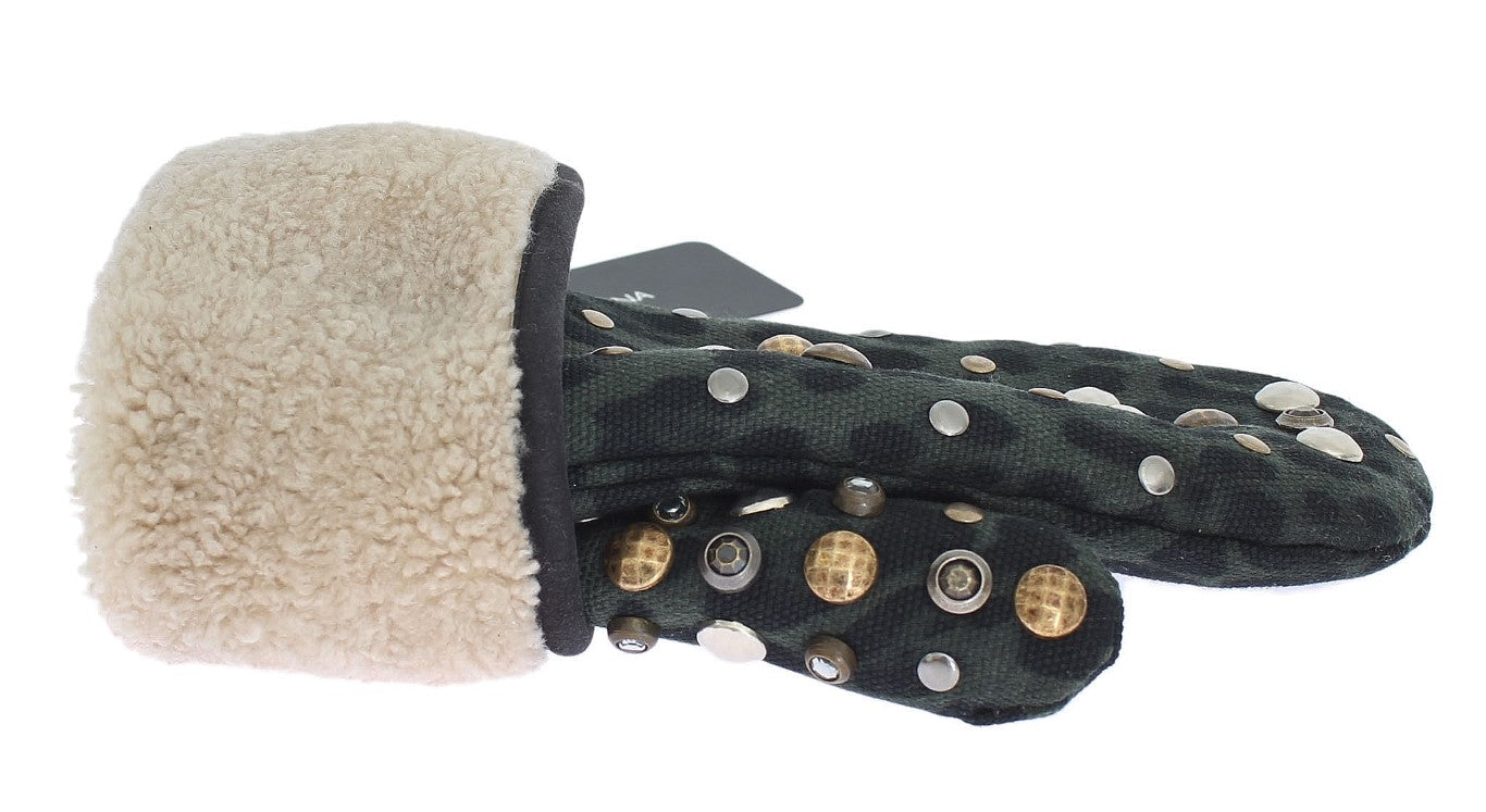 Dolce & Gabbana – Elegante, mit Nieten besetzte, graue Lammfellhandschuhe aus Wolle
