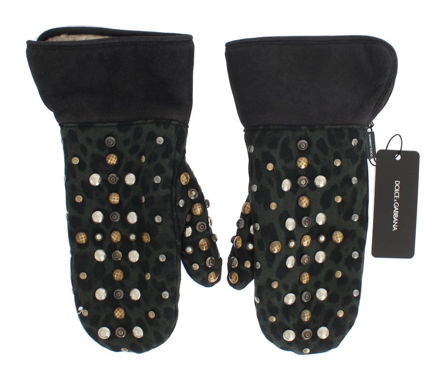 Dolce & Gabbana – Elegante, mit Nieten besetzte, graue Lammfellhandschuhe aus Wolle
