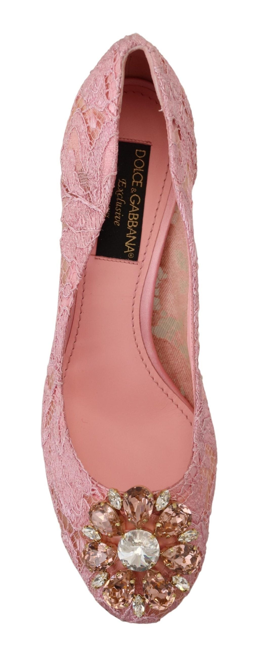Dolce & Gabbana Pantofi cu toc roz pastel și cristale din dantelă