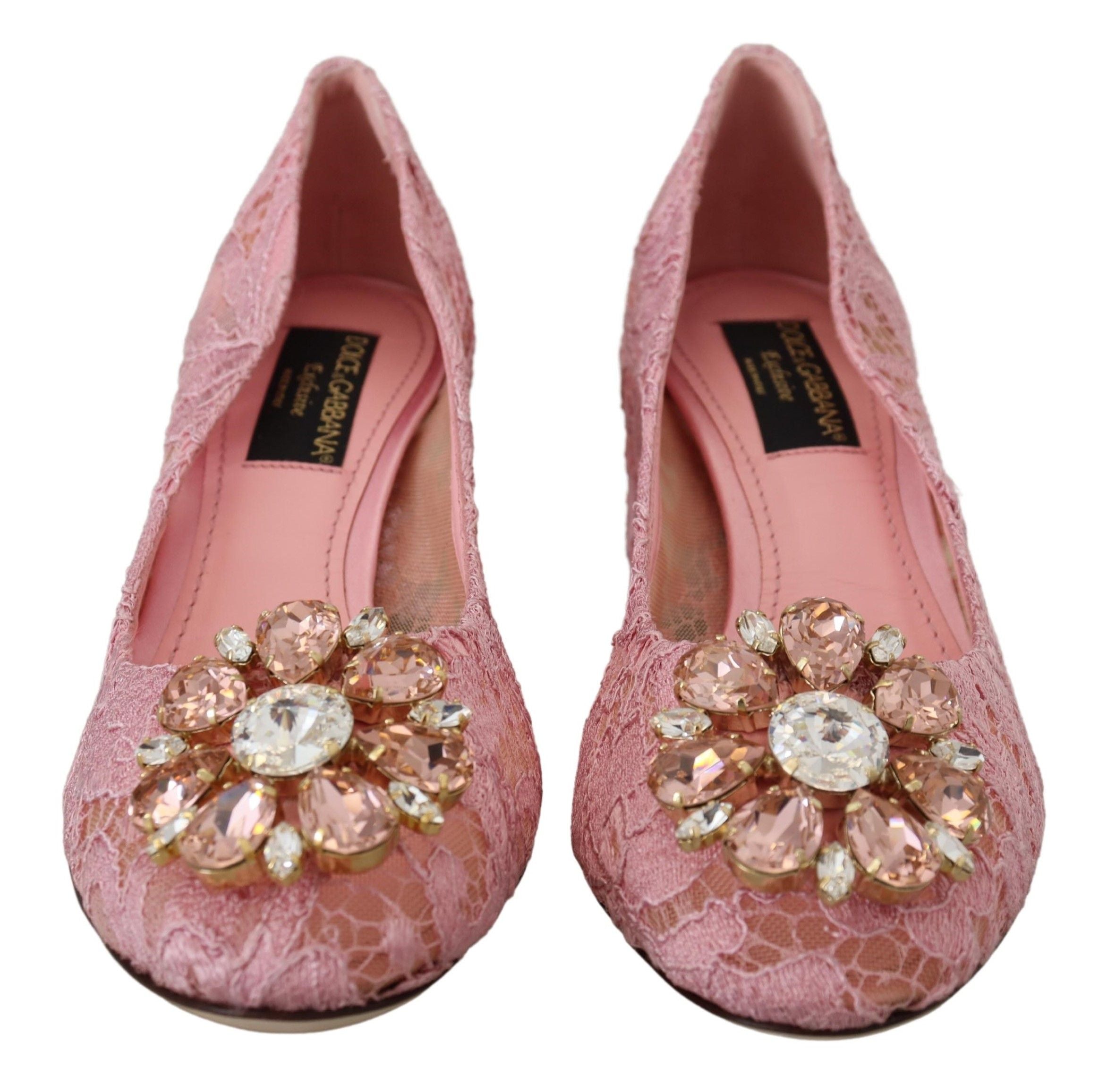 Dolce & Gabbana Pantofi cu toc roz pastel și cristale din dantelă