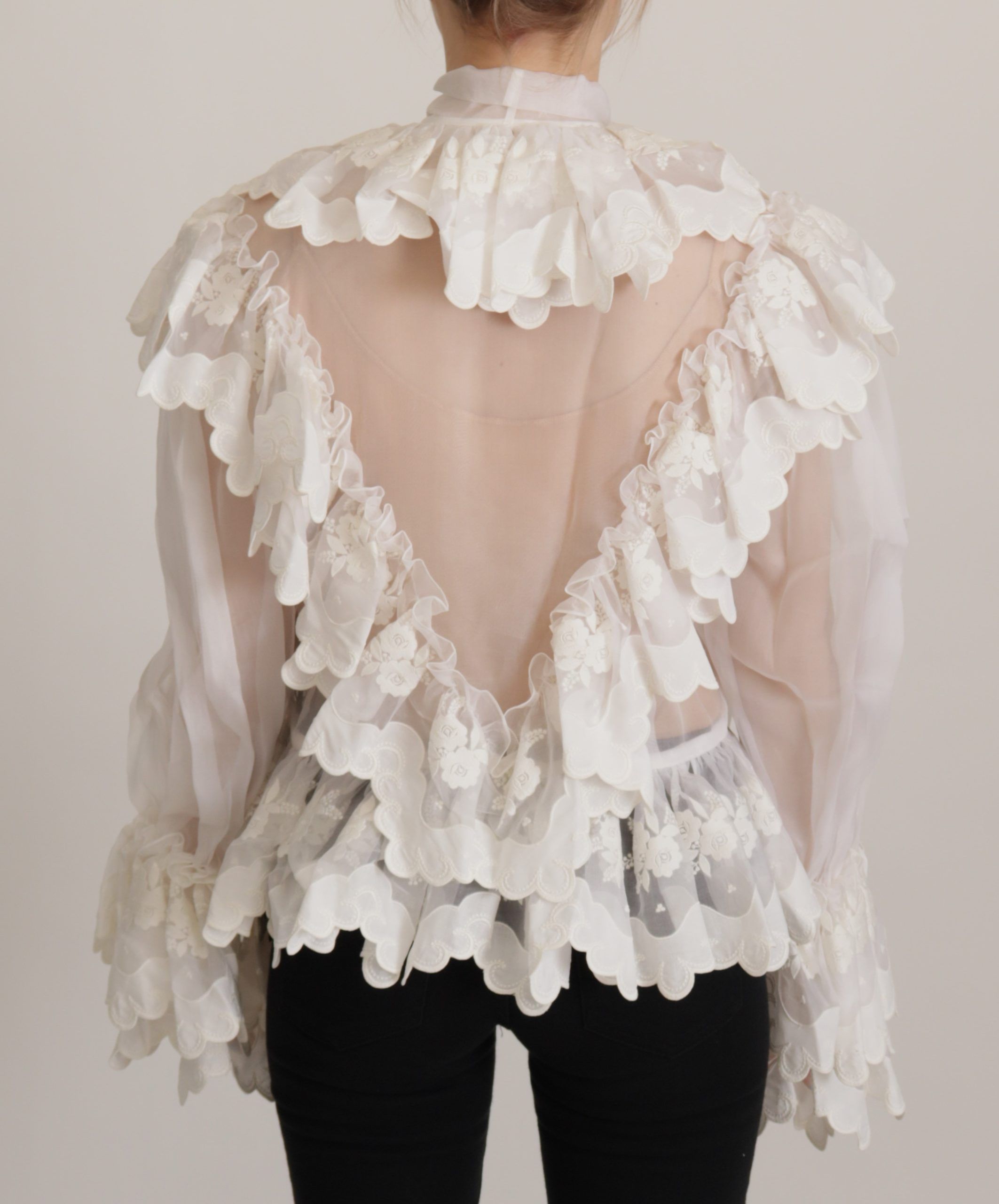Dolce & Gabbana White Ruffles Lace Long Sleeve Blouse Top