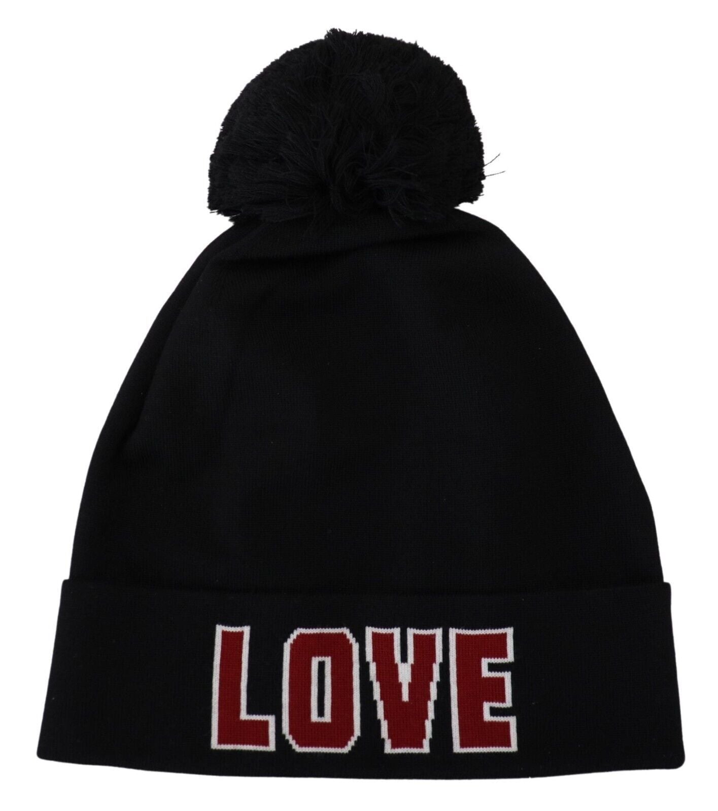 Dolce & Gabbana Black Wool Fur Ball DG Love Winter Beanie One Size Hat
