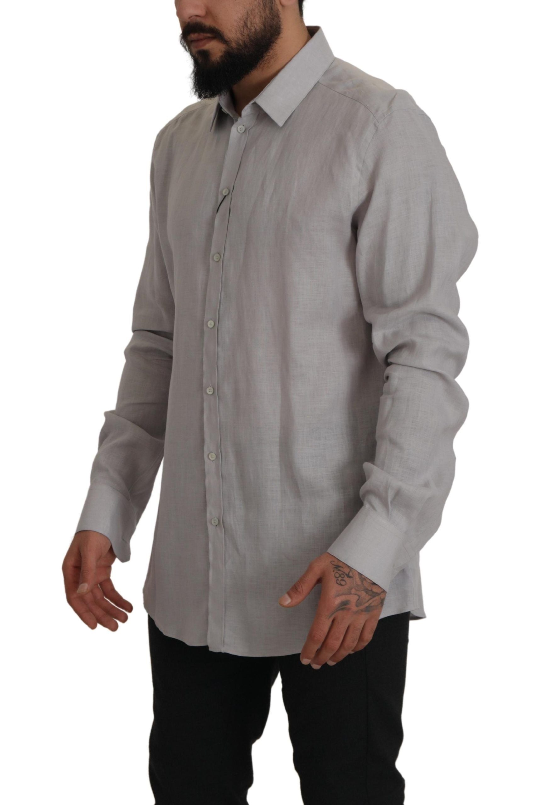 Dolce & Gabbana Elegantes graues Slim Fit Leinenhemd