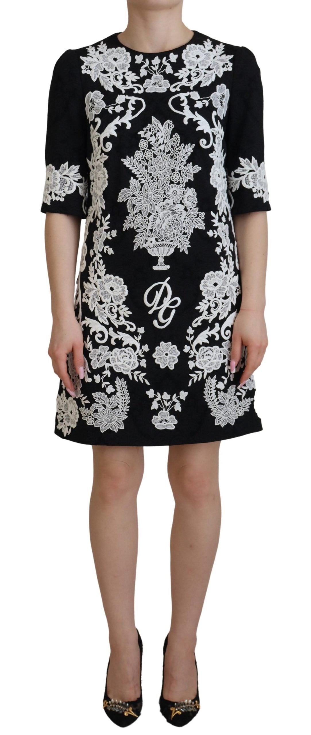Rochie mini elegantă Dolce & Gabbana neagră, cu model A, și dantelă