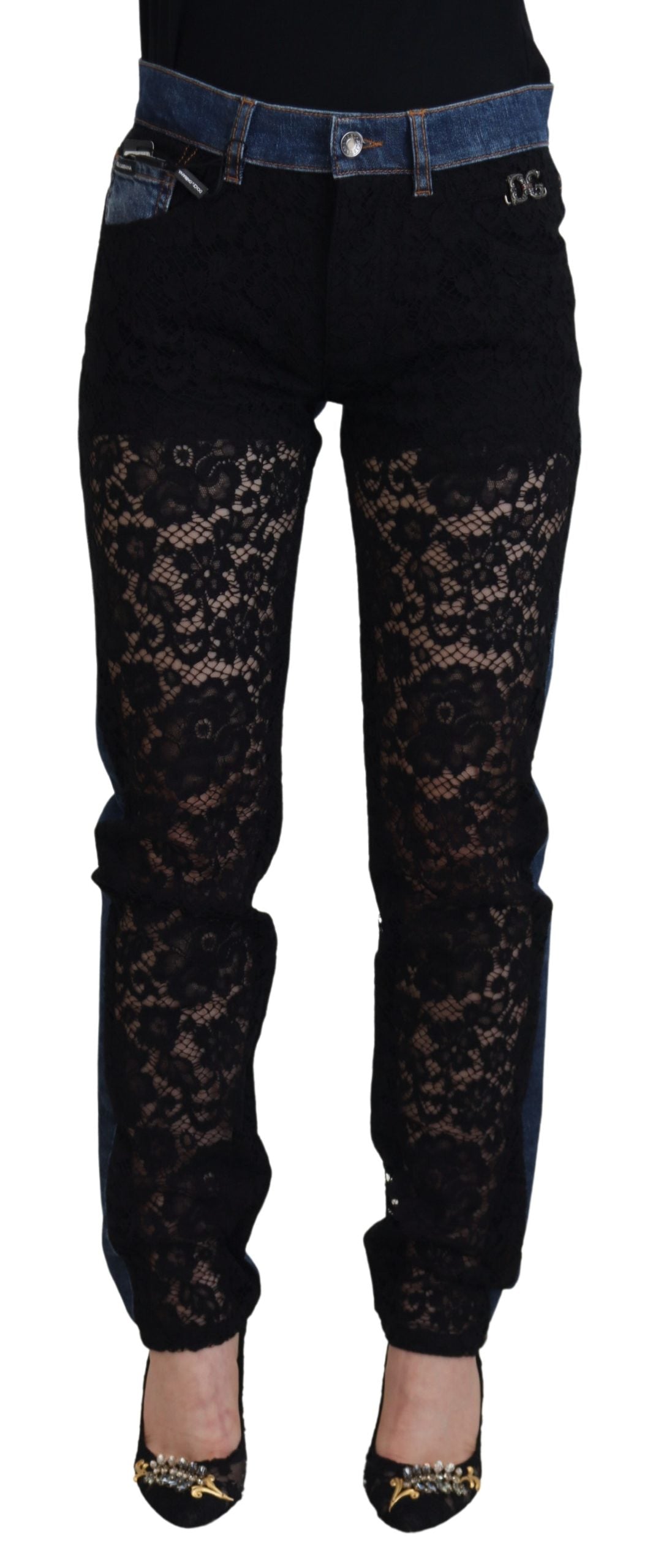 Dolce & Gabbana Bluză elegantă cu dantelă florală în față din denim