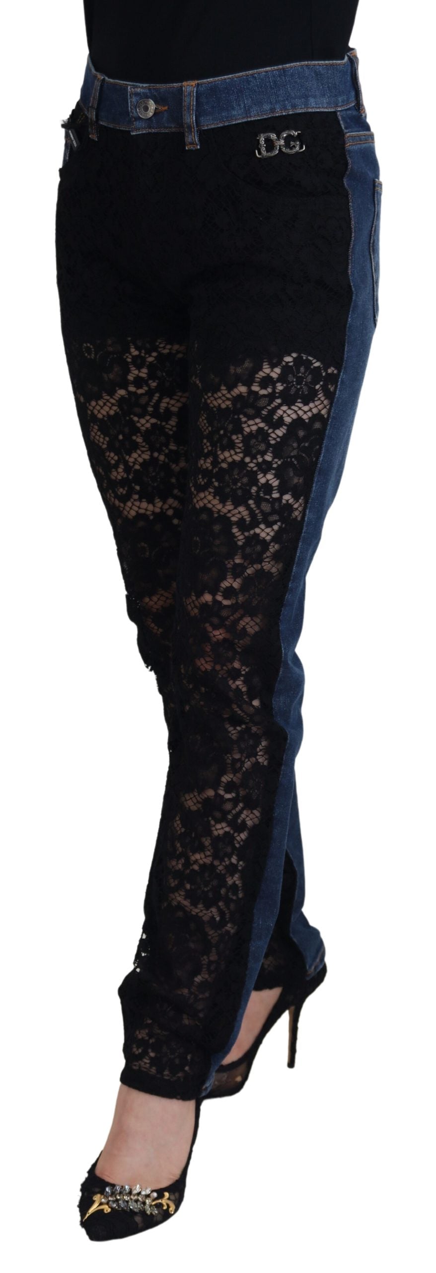 Dolce & Gabbana Bluză elegantă cu dantelă florală în față din denim