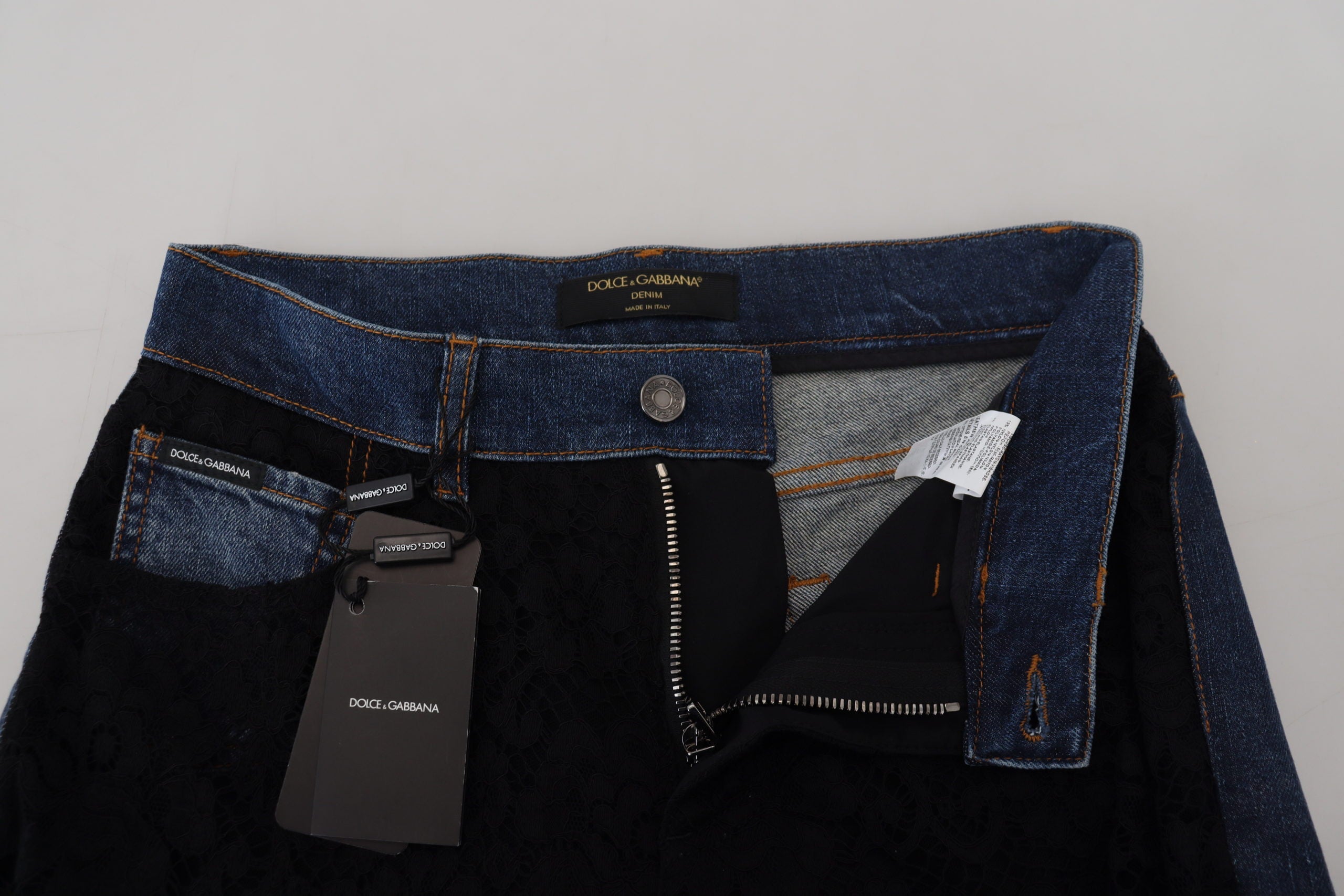 Dolce & Gabbana Bluză elegantă cu dantelă florală în față din denim