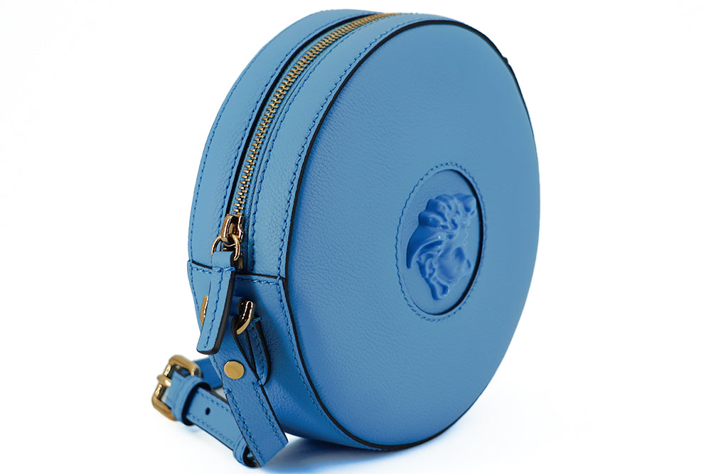 Geantă de umăr rotundă din piele albastră Versace Chic