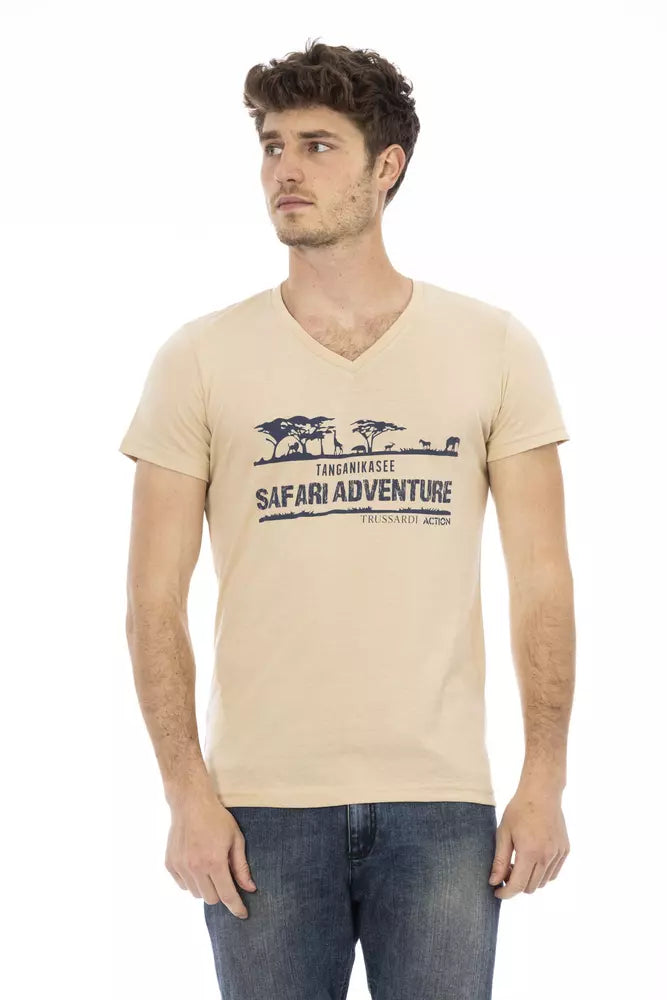 Trussardi Action Beige Cotton Men V-Neck T-Shirt