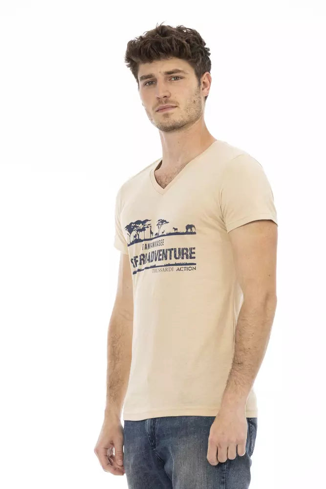 Trussardi Action Beige Cotton Men V-Neck T-Shirt