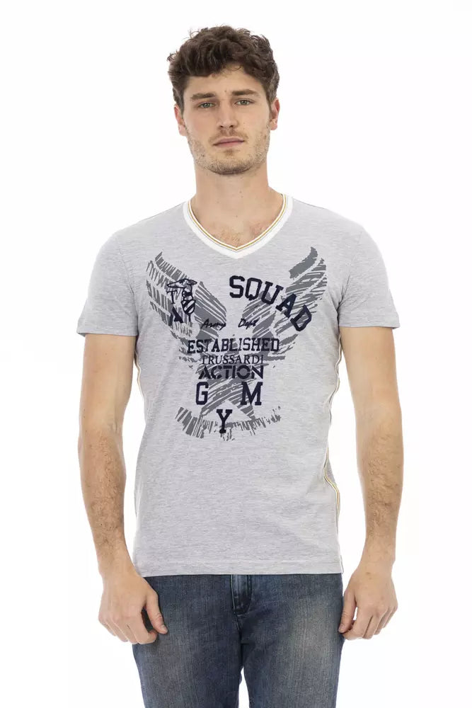 Tricou Trussardi Action gri din bumbac pentru bărbați cu guler în V