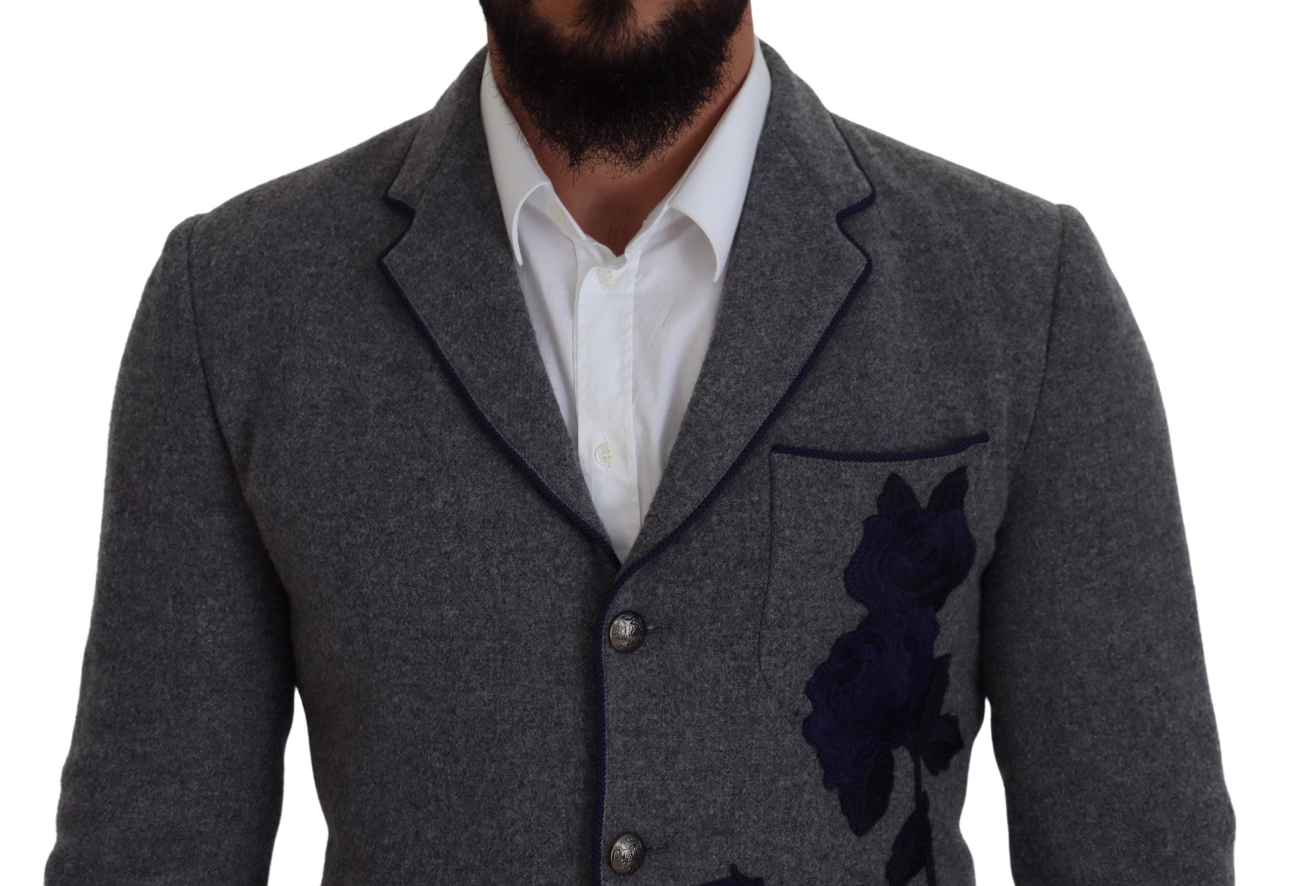 Sacou elegant Dolce & Gabbana din lână gri cu broderie cu trandafiri albaștri