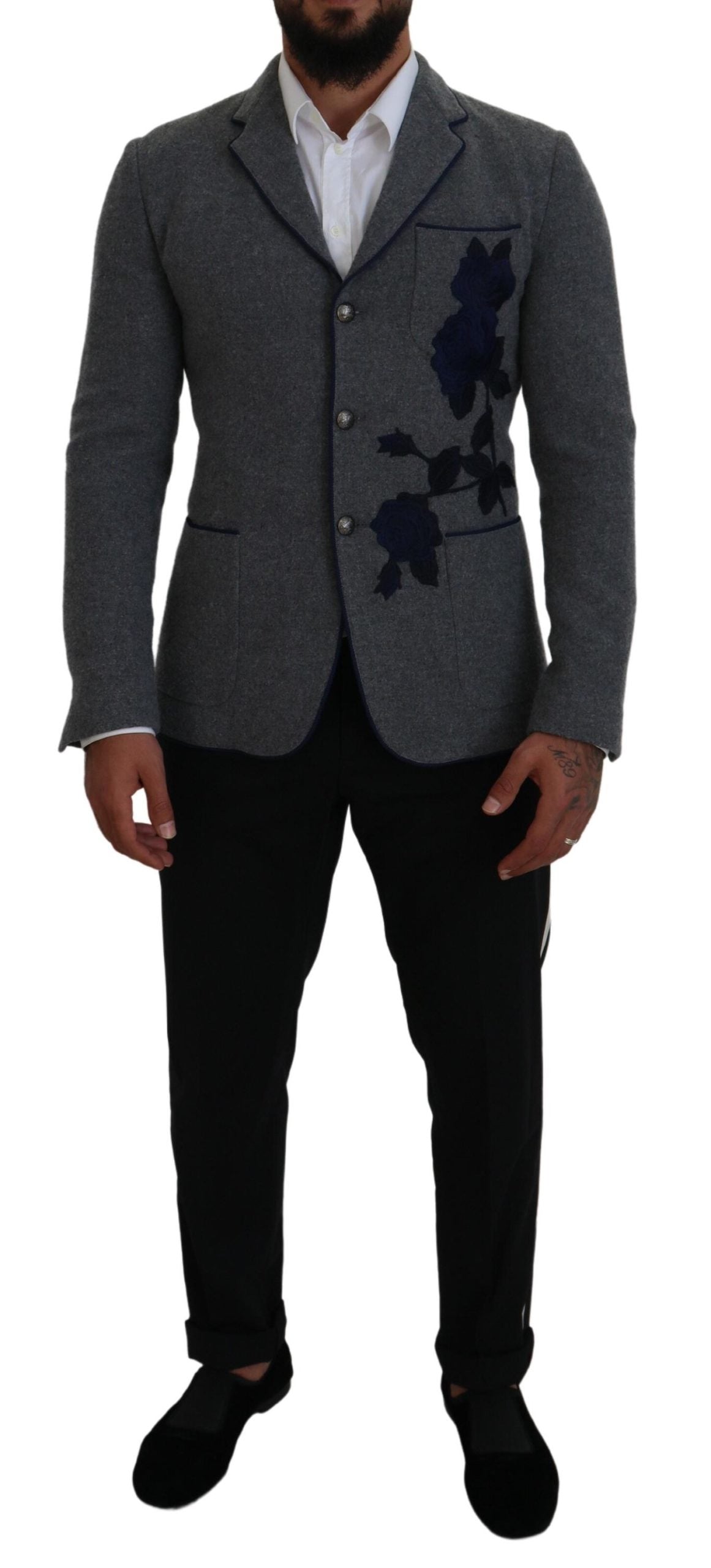Sacou elegant Dolce & Gabbana din lână gri cu broderie cu trandafiri albaștri